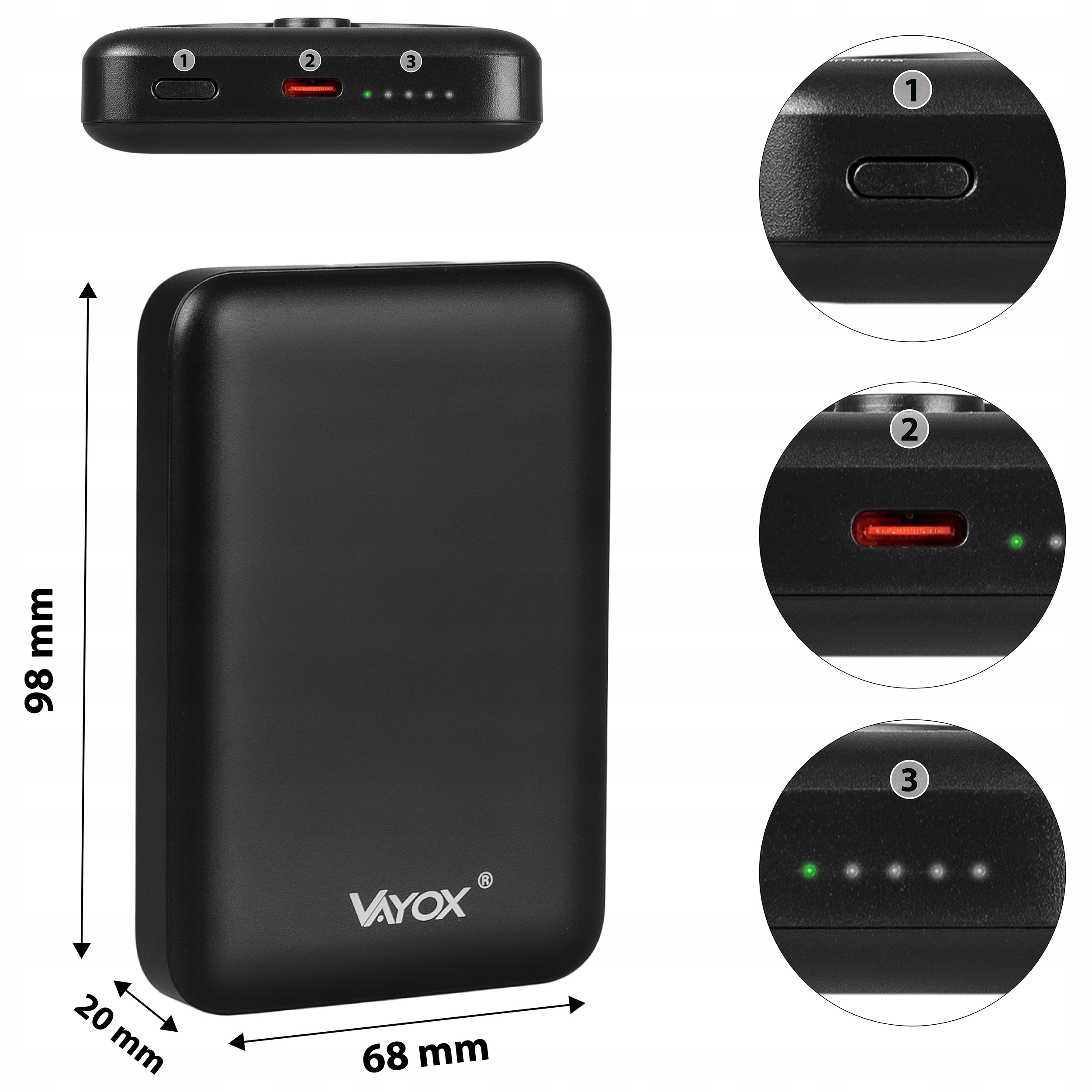 Czarny przenośny power bank z wymiarami i szczegółami przycisków, portów i diod LED na białym tle.