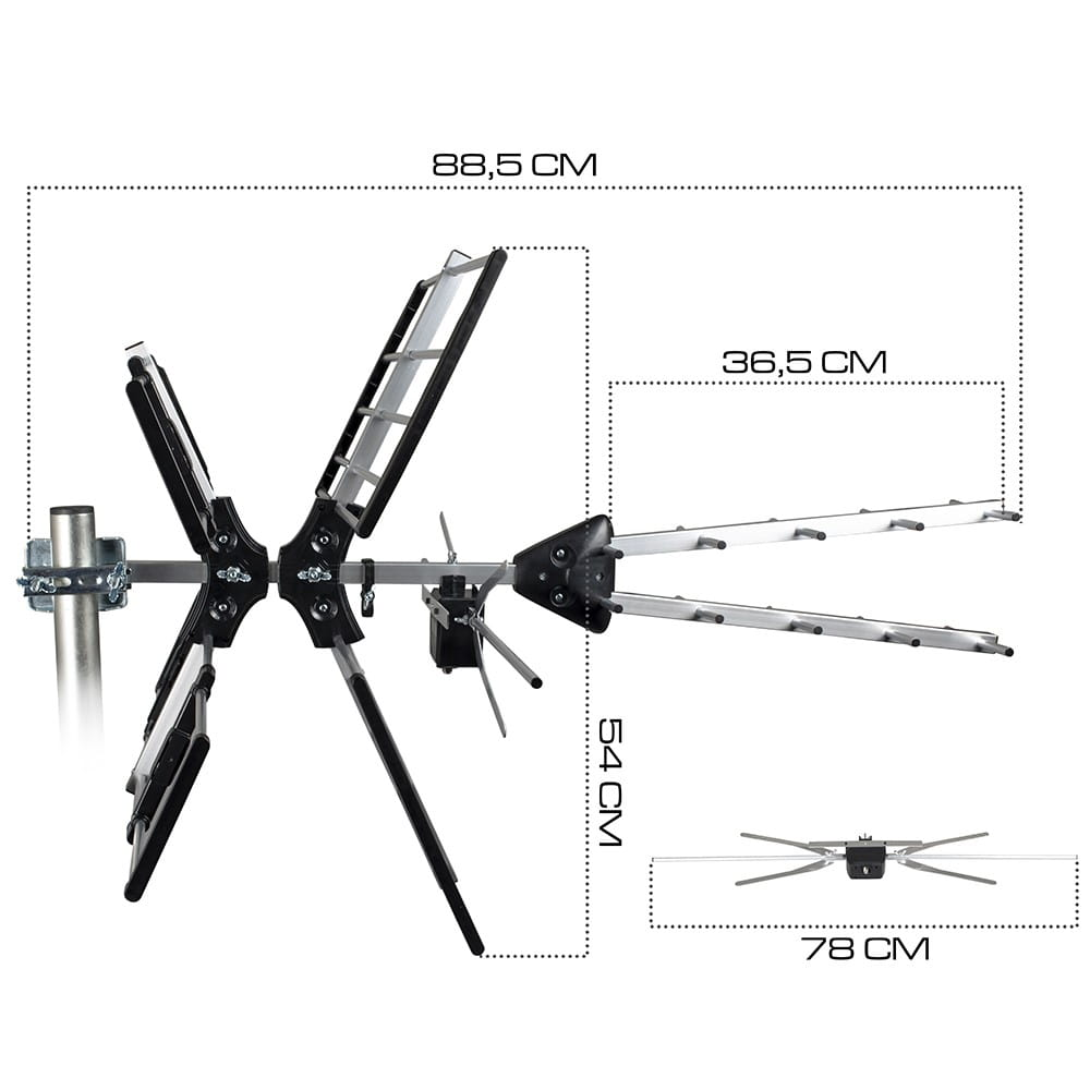 Antena TV z wymiarami. Zawiera pomiary w cm dla wysokości, szerokości i mniejszych elementów.