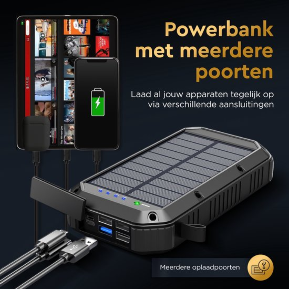 Batterie externe avec plusieurs ports, chargeant des appareils. Tablette et téléphone sont connectés, avec des icônes de chargement à l'écran.