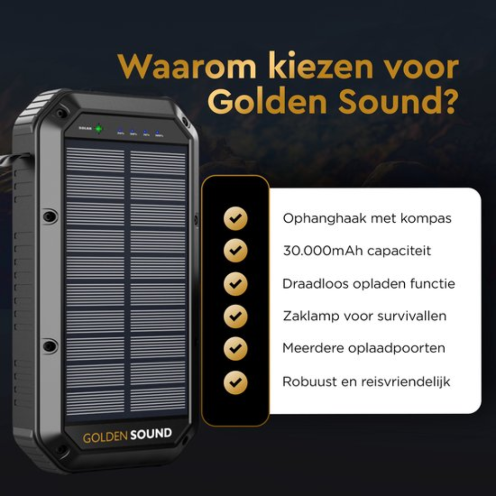 Chargeur solaire portable noir avec texte et coches, montrant ses caractéristiques et ses avantages.