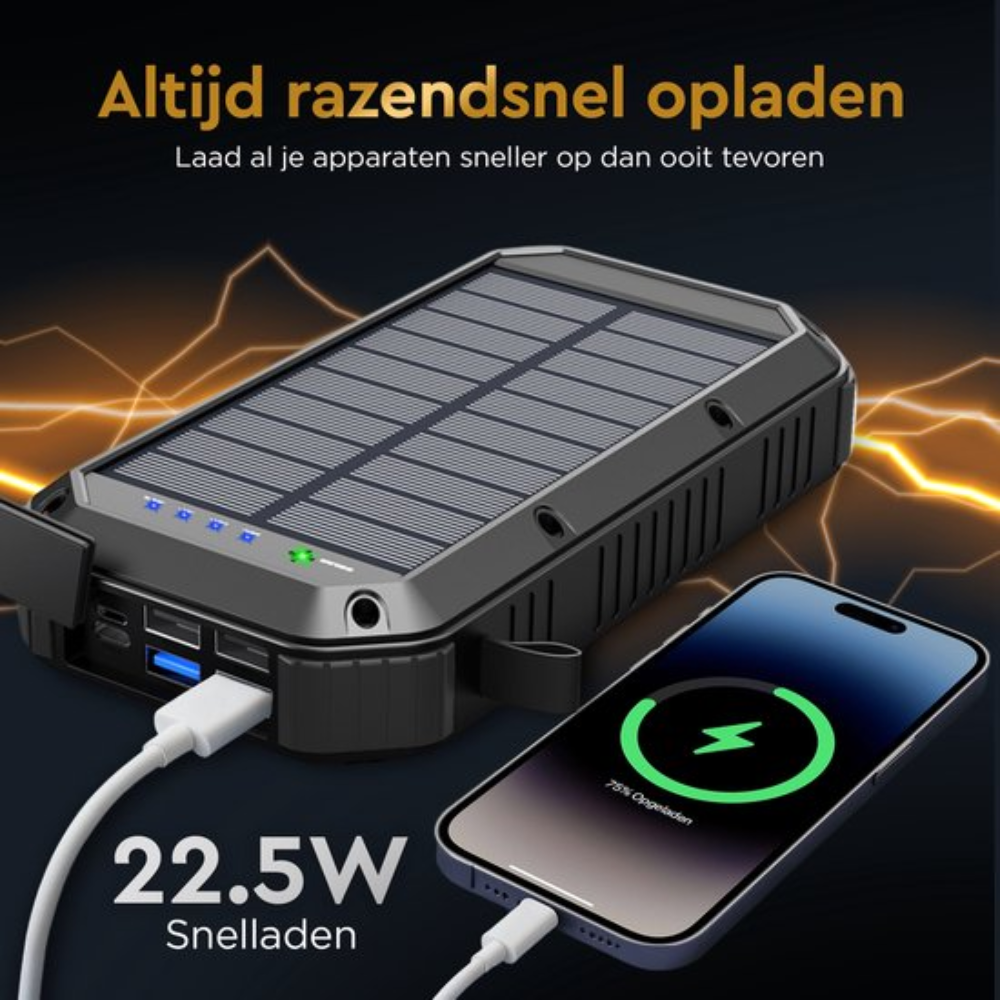 Batterie externe chargeant rapidement un téléphone. Le téléphone affiche une icône de chargement avec 75 % de charge. Effet de foudre.