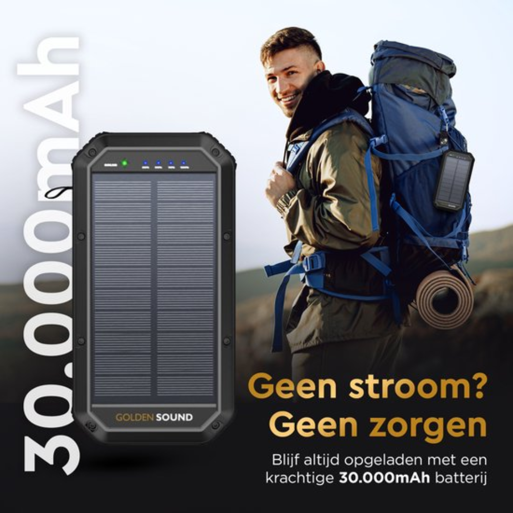 Homme avec sac à dos, chargeur solaire. Texte : 30 000 mAh. Texte : Pas d'électricité ? Pas de soucis. Batterie 30 000 mAh.