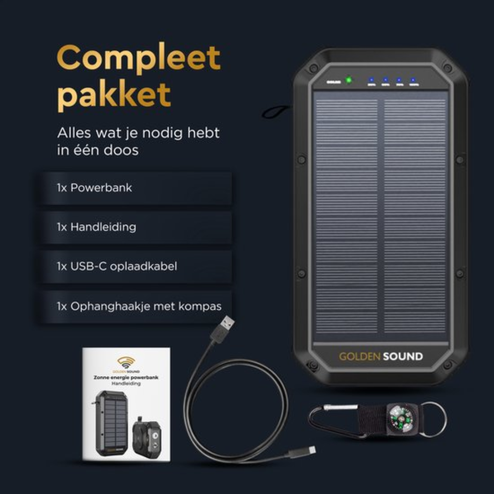 Panneau solaire, batterie externe, câble USB-C et boussole. Détails en néerlandais.