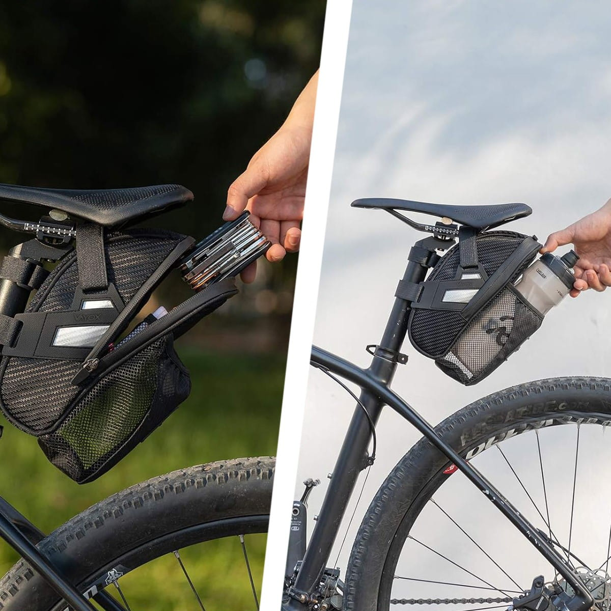 Dwa obrazy: Torba rowerowa przymocowana do siodełka. Pokazuje widoki obok siebie z zestawem narzędzi i butelką wody.