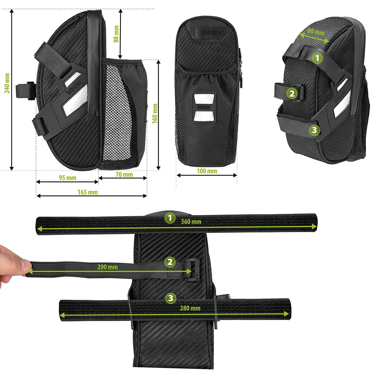 Torba rowerowa z wymiarami: 165mm, 200mm, 280mm, 360mm, 70mm, 80mm, 95mm, 100mm, 240mm. Strzałki i numery.