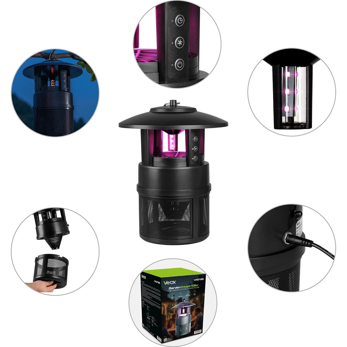 Czarny zabójca owadów z wieloma widokami, w tym zbliżenia świateł i funkcji. Pudełko jest również pokazane.