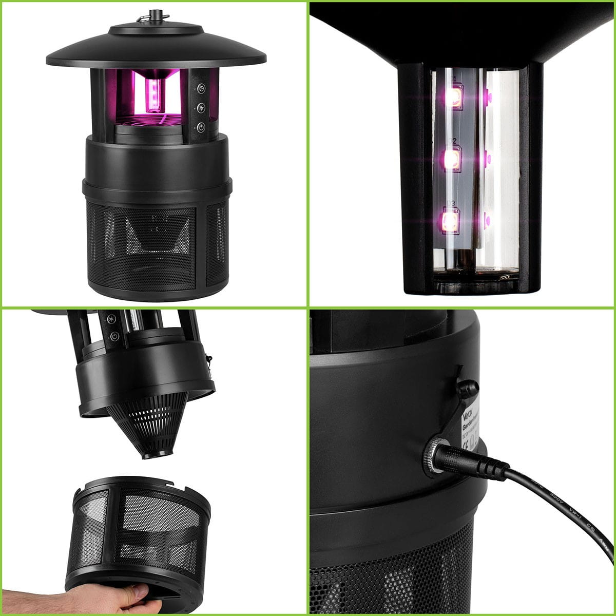 Czarny zabijacz owadów z fioletowymi diodami LED i siatką. Różne ujęcia szczegółowe.