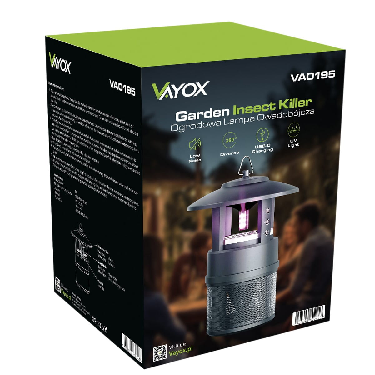 Czarne i zielone pudełko na owady z obrazkiem produktu. Pudełko na białej powierzchni.