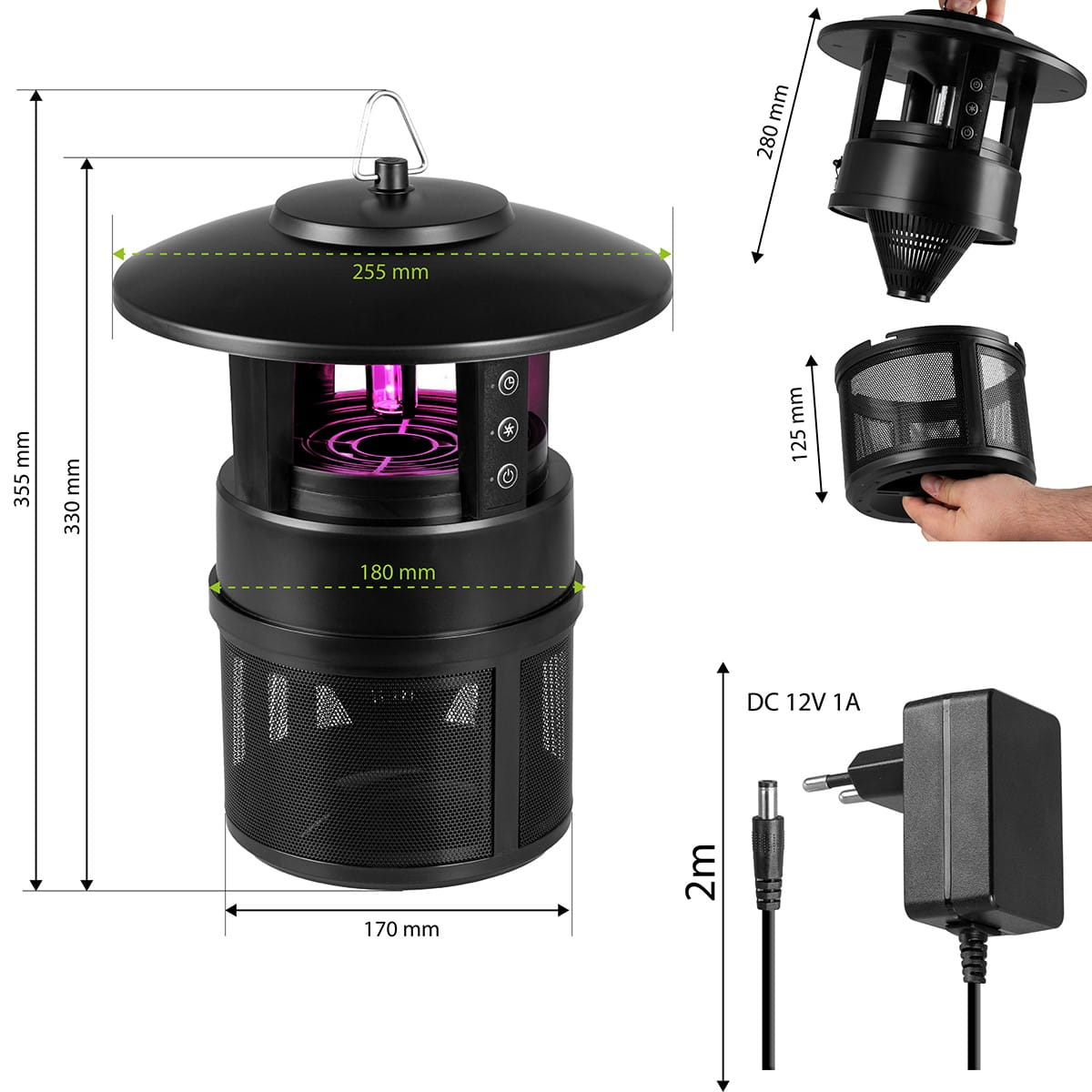 Czarny zabójca owadów z wymiarami, szczegółami i zasilaczem na białym tle.