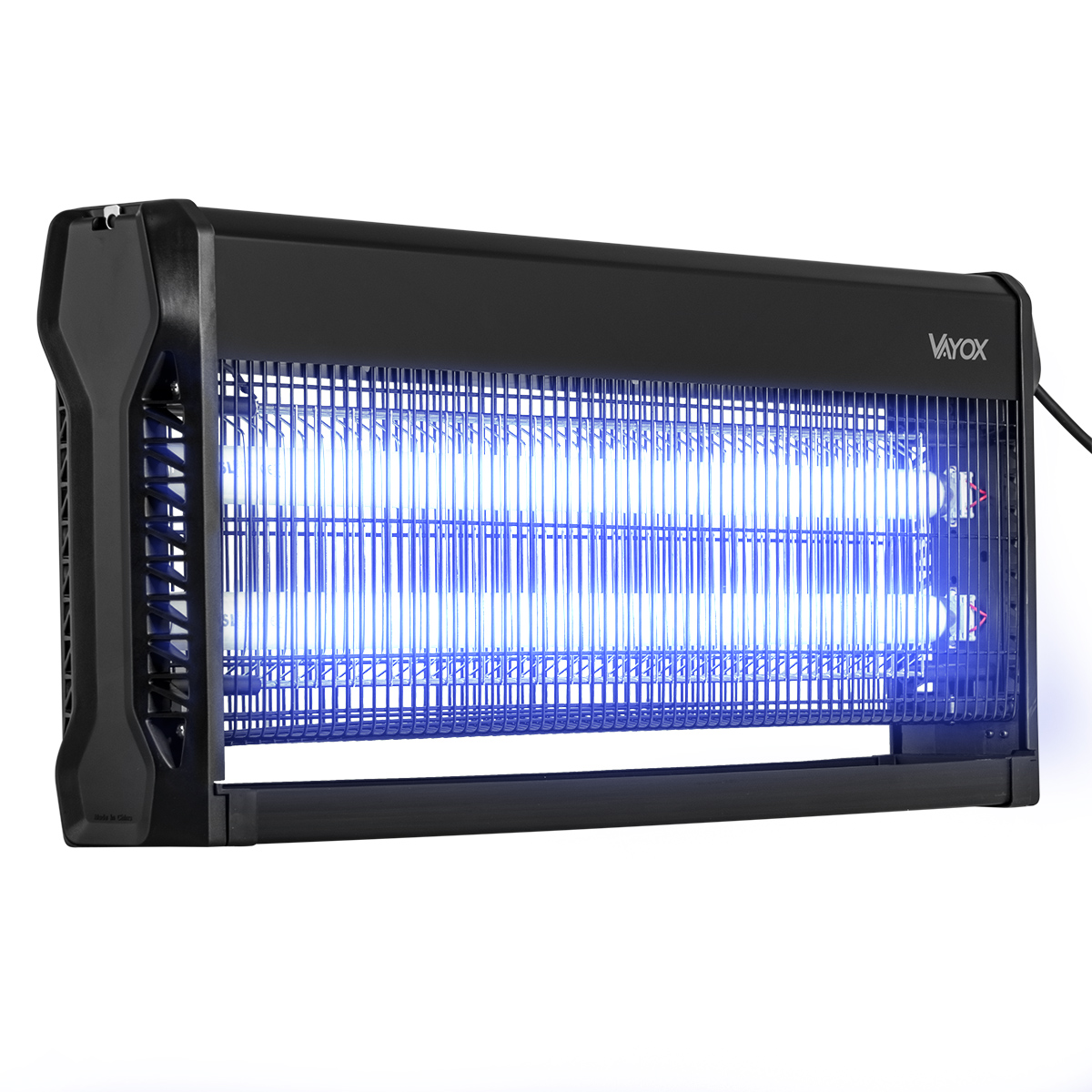 Czarny zabójca owadów. Prostokątny design, emitujący niebieskie światło.