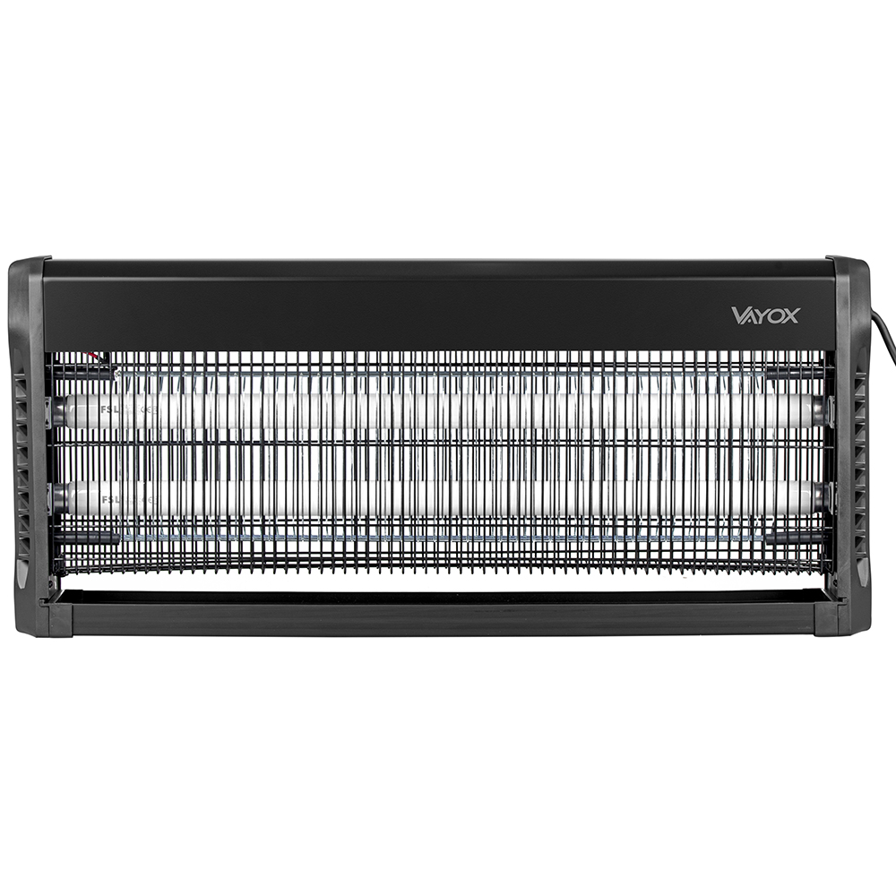 Czarny elektryczny zabójca owadów, z niebieskimi światłami UV i metalową kratką.