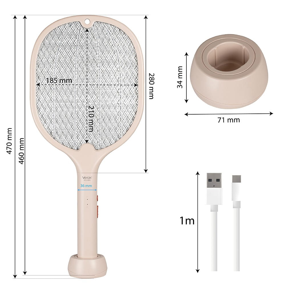 Wymiary i komponenty packi na muchy. Pomiary na pacce i podstawie oraz kabel USB.