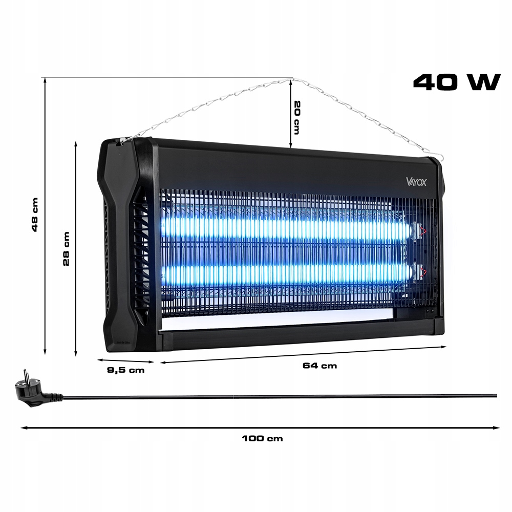 Czarny elektryczny zabójca owadów z wymiarami. Ma niebieskie światło i łańcuch do zawieszania.