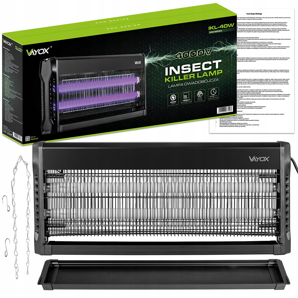 Zabójca owadów z pudełkiem i akcesoriami. Białe tło.