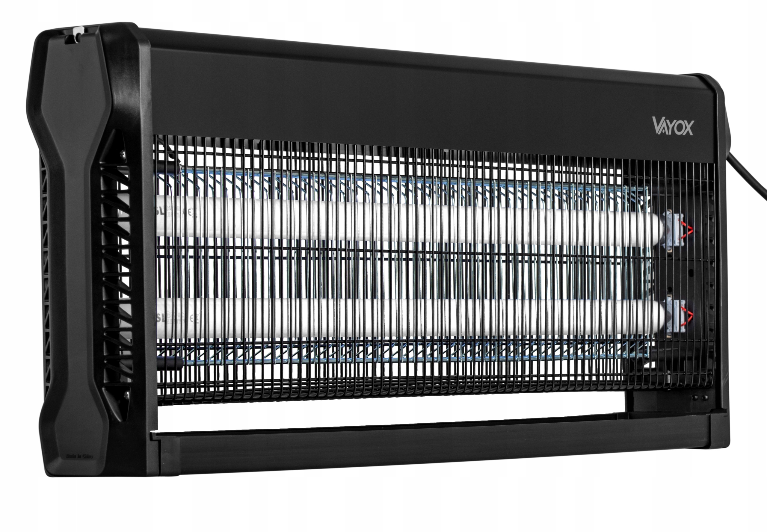 Czarny zabójca owadów. Prostokątny design. Emituje niebieskie światło.