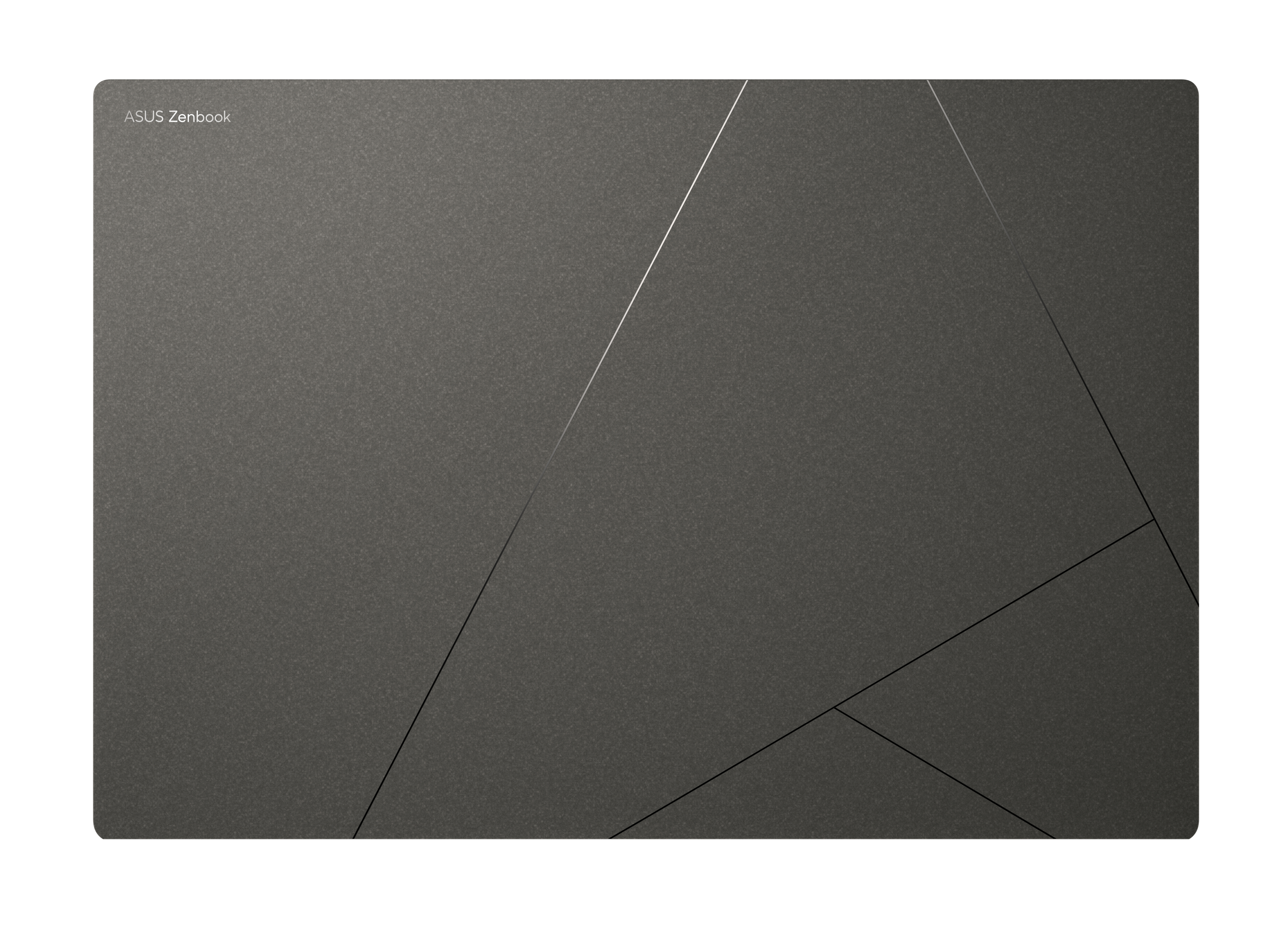 Dunkelgrauer Laptop mit dem Text ASUS Zenbook. Graue Oberfläche mit geometrischen Linien.