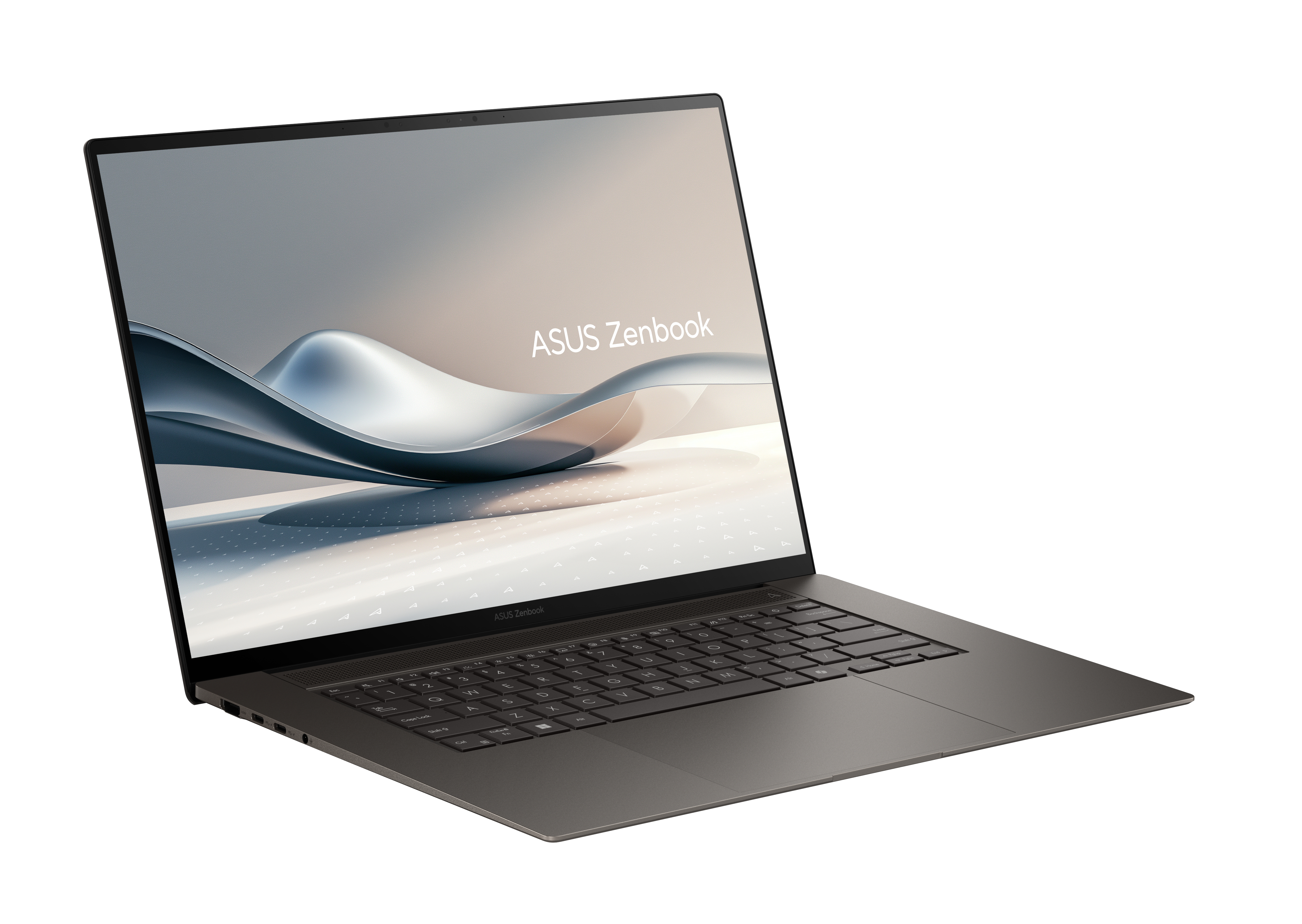 Laptop auf weißer Oberfläche. Bildschirm zeigt ASUS Zenbook. Schlankes, modernes Design.