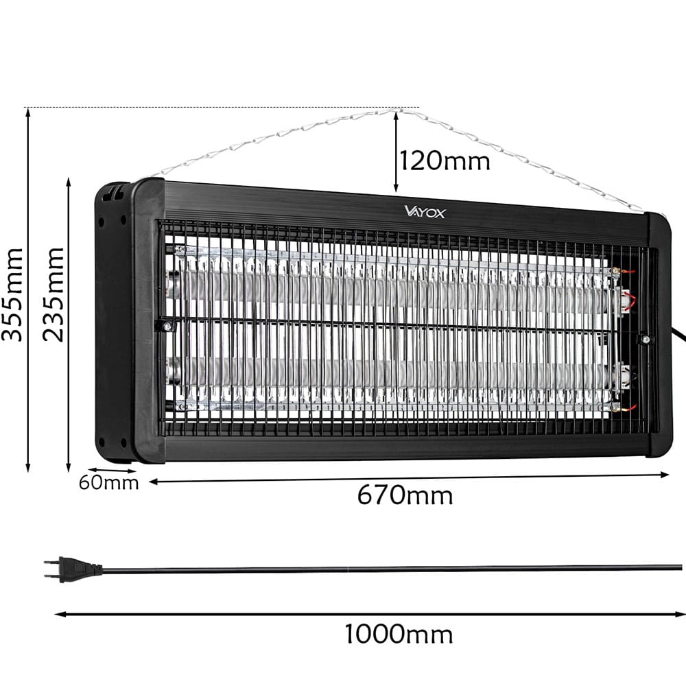 Czarny zabójca owadów, wymiary: 355mm wys., 670mm szer., 60mm grub., kabel 1000mm.