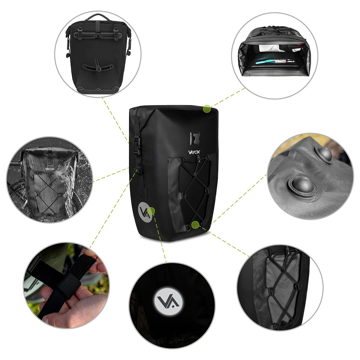 Czarna torba rowerowa ze szczegółami torby, pasków i elementów odblaskowych na białym tle.