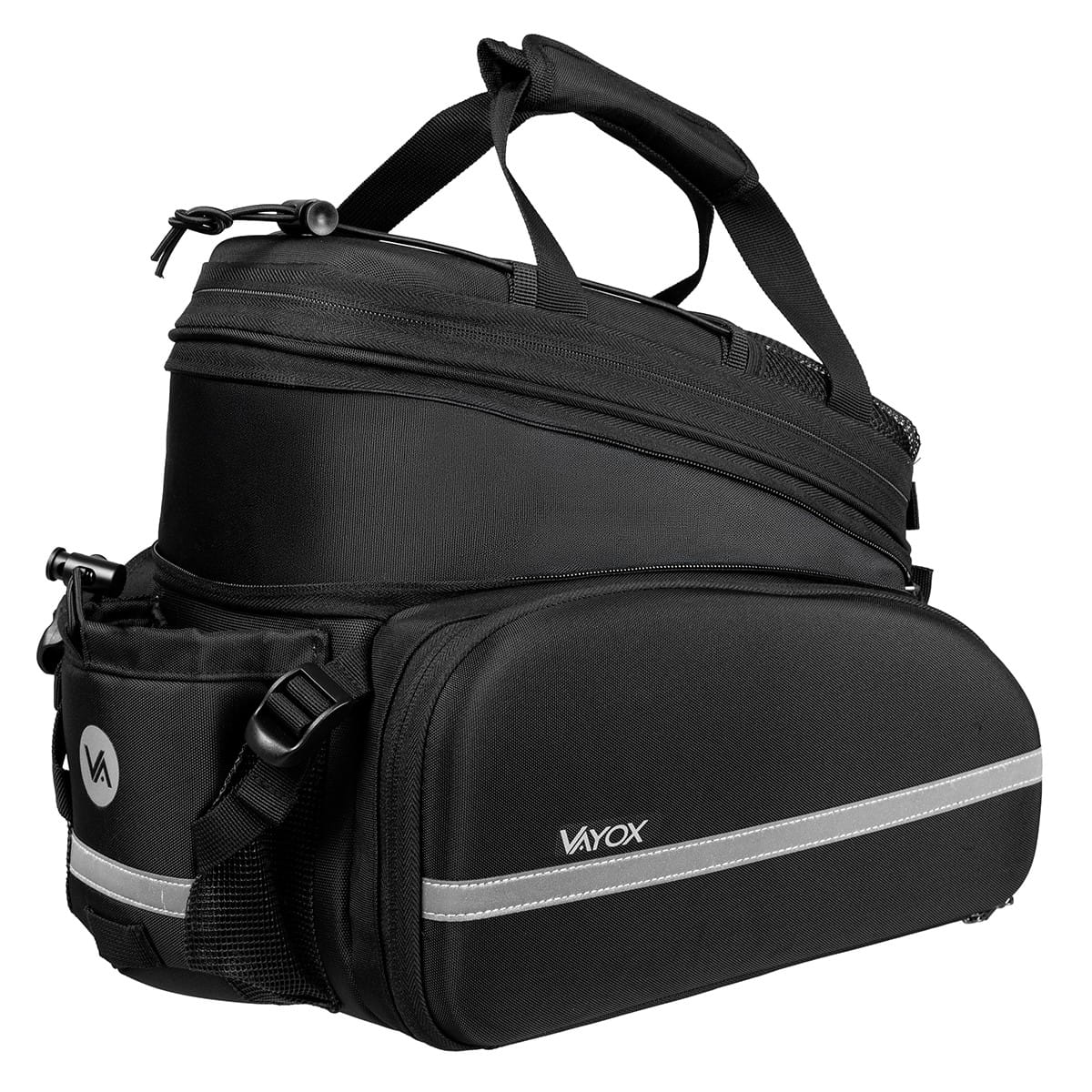 Czarna torba rowerowa z odblaskowymi paskami. Posiada wiele przegródek i górny uchwyt.