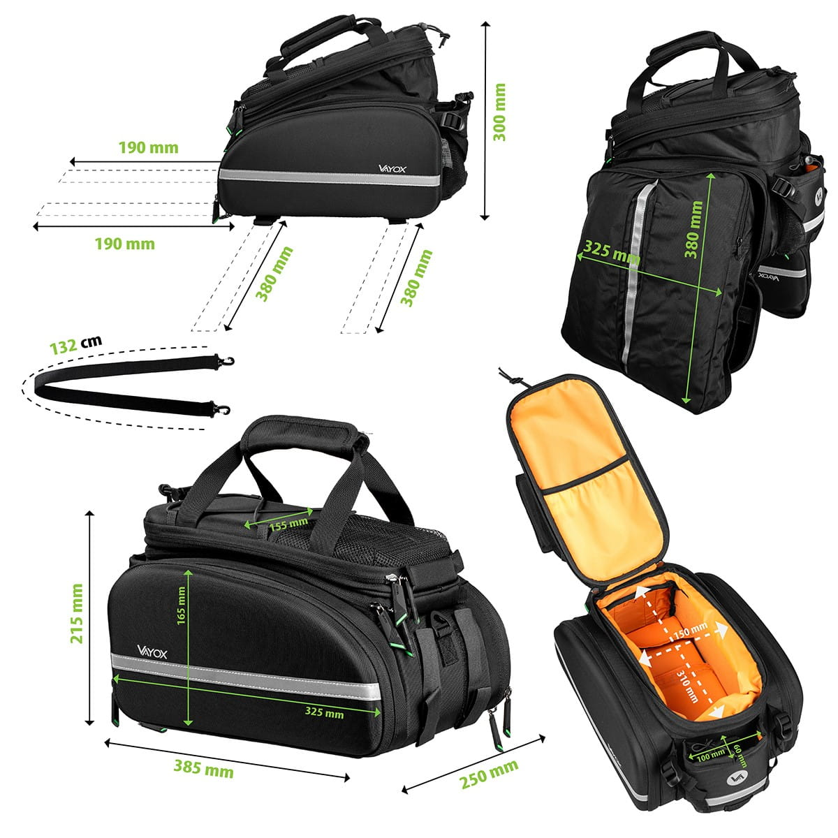 Schemat czarnych toreb rowerowych z wymiarami, w tym torby górnej, bocznych i szczegółami wnętrza.