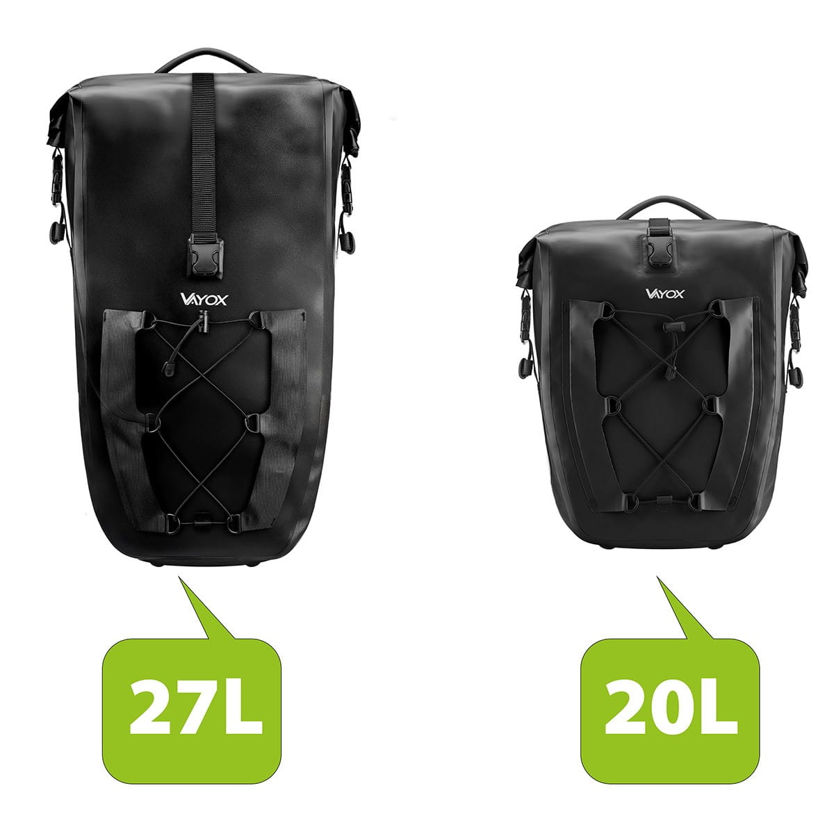 Dwie czarne sakwy rowerowe z etykietami 27L i 20L na białym tle.