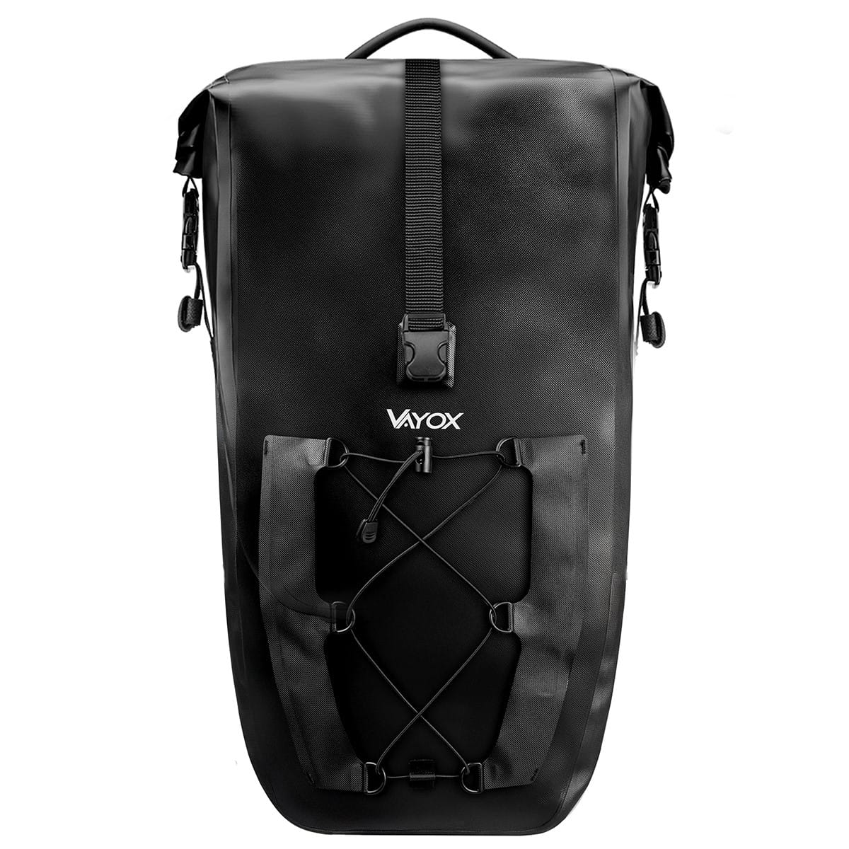 Czarna wodoodporna torba rowerowa, pionowa, z paskami i klamrą, prosty design, białe tło.