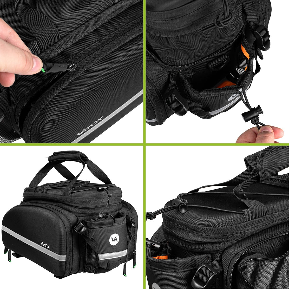 Zbliżenia czarnej torby rowerowej, pokazujące zamki błyskawiczne, kieszenie i uchwyty.