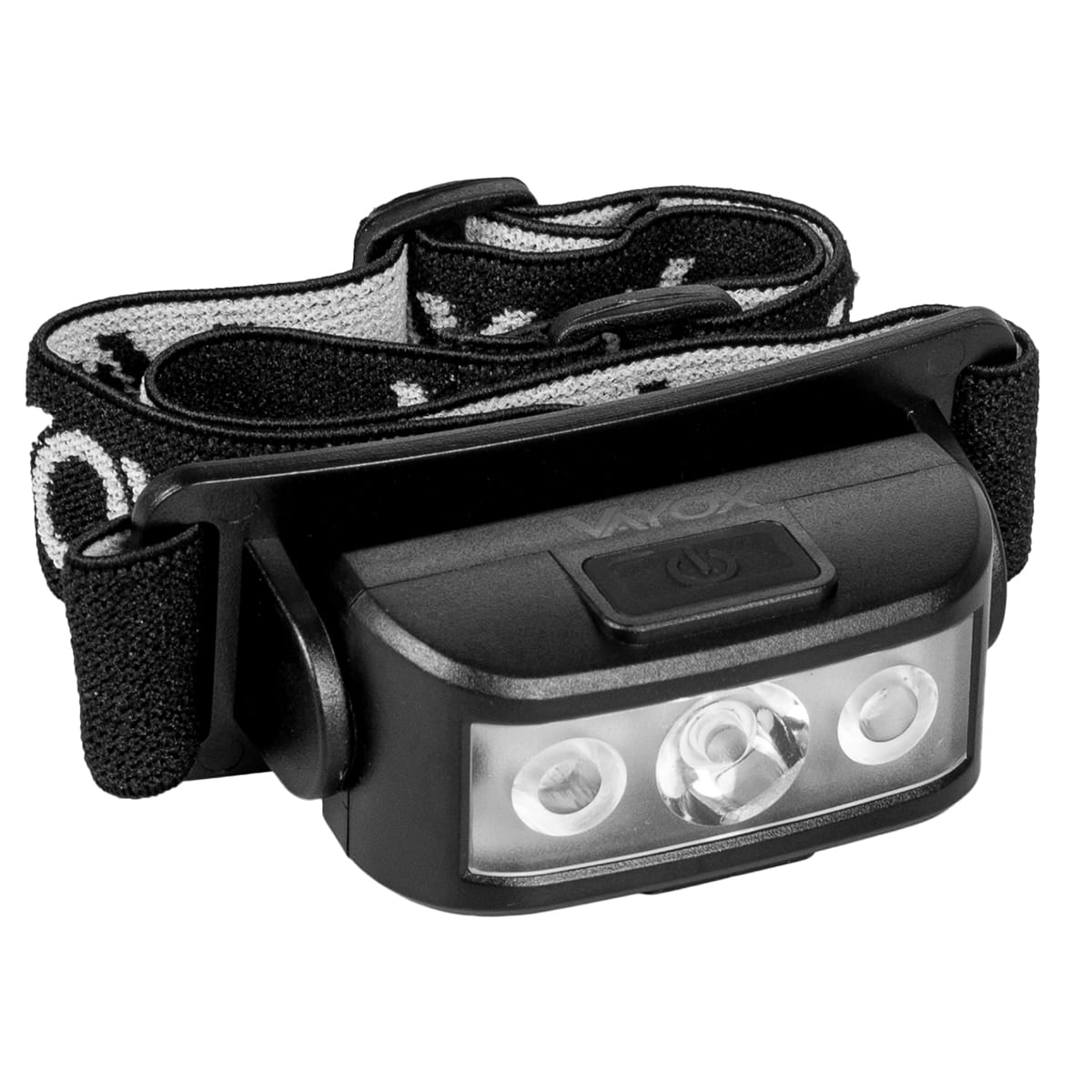 Opakowanie lampy czołowej z białym i zielonym designem. Pokazuje lampę czołową.