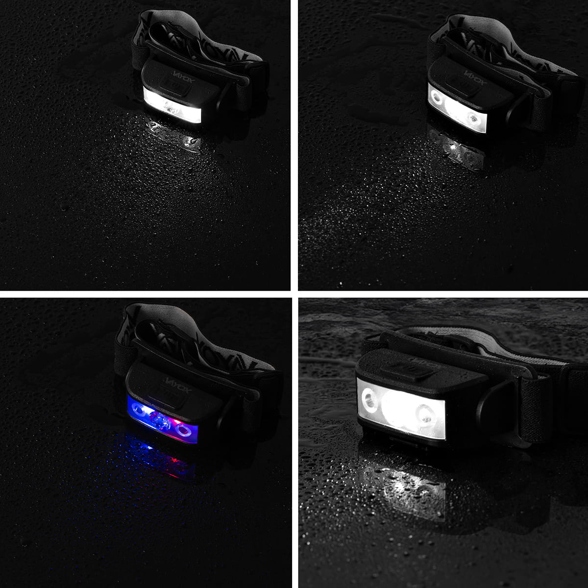 Cztery zdjęcia tej samej lampy czołowej na czarnej powierzchni. Światło jest włączone.