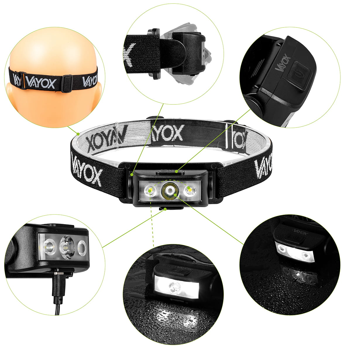 Czarna latarka czołowa z paskiem. Szczegóły latarki, w tym wiązki światła, na białym tle.