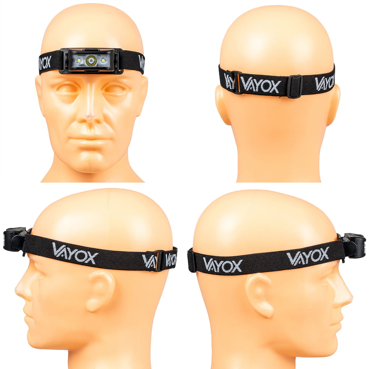 Głowa manekina z czarną latarką czołową. Cztery widoki pokazują design.