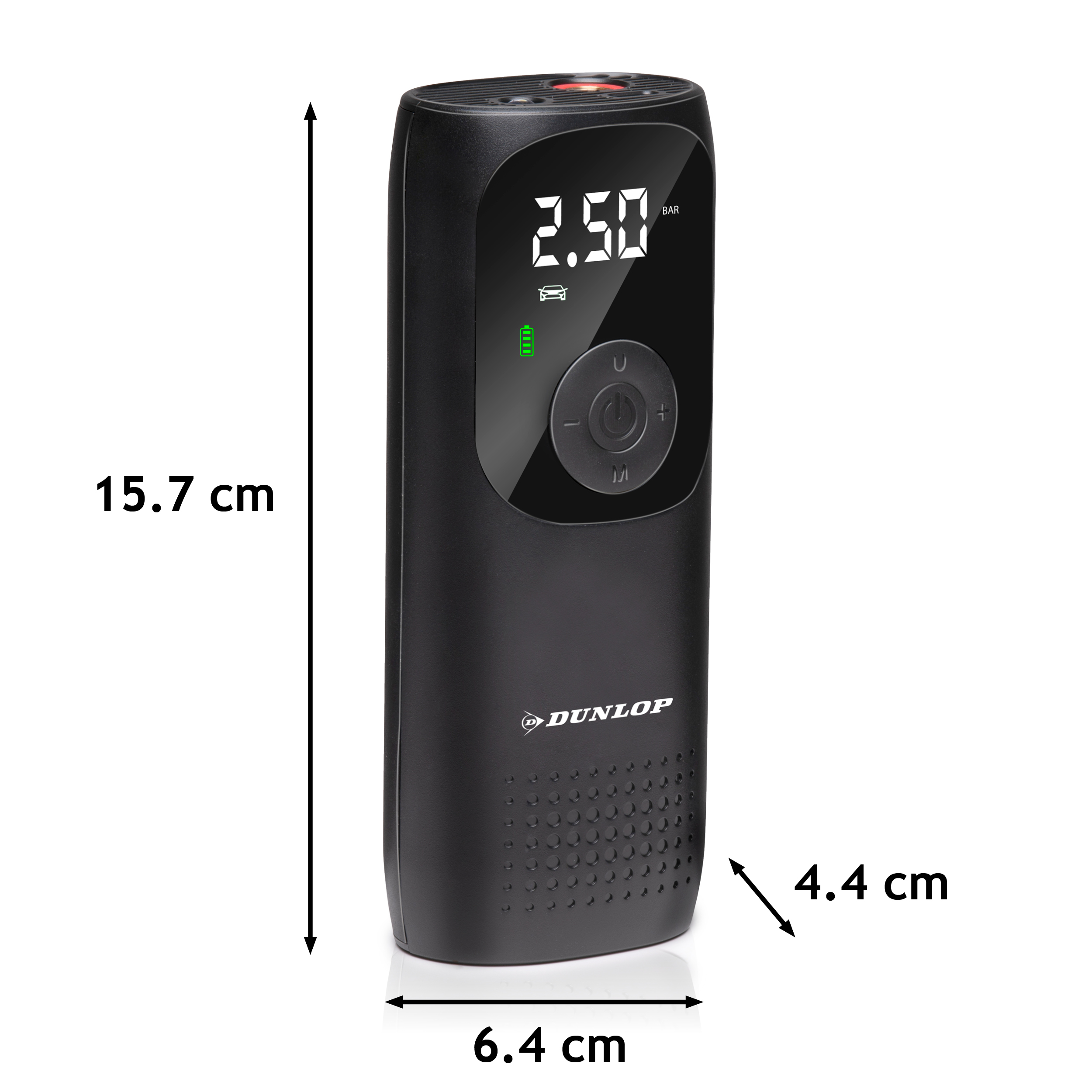 Black Dunlop air compressor. It shows 2.50 bar on the display. Dimensions are 15.7 cm x 6.4 cm.