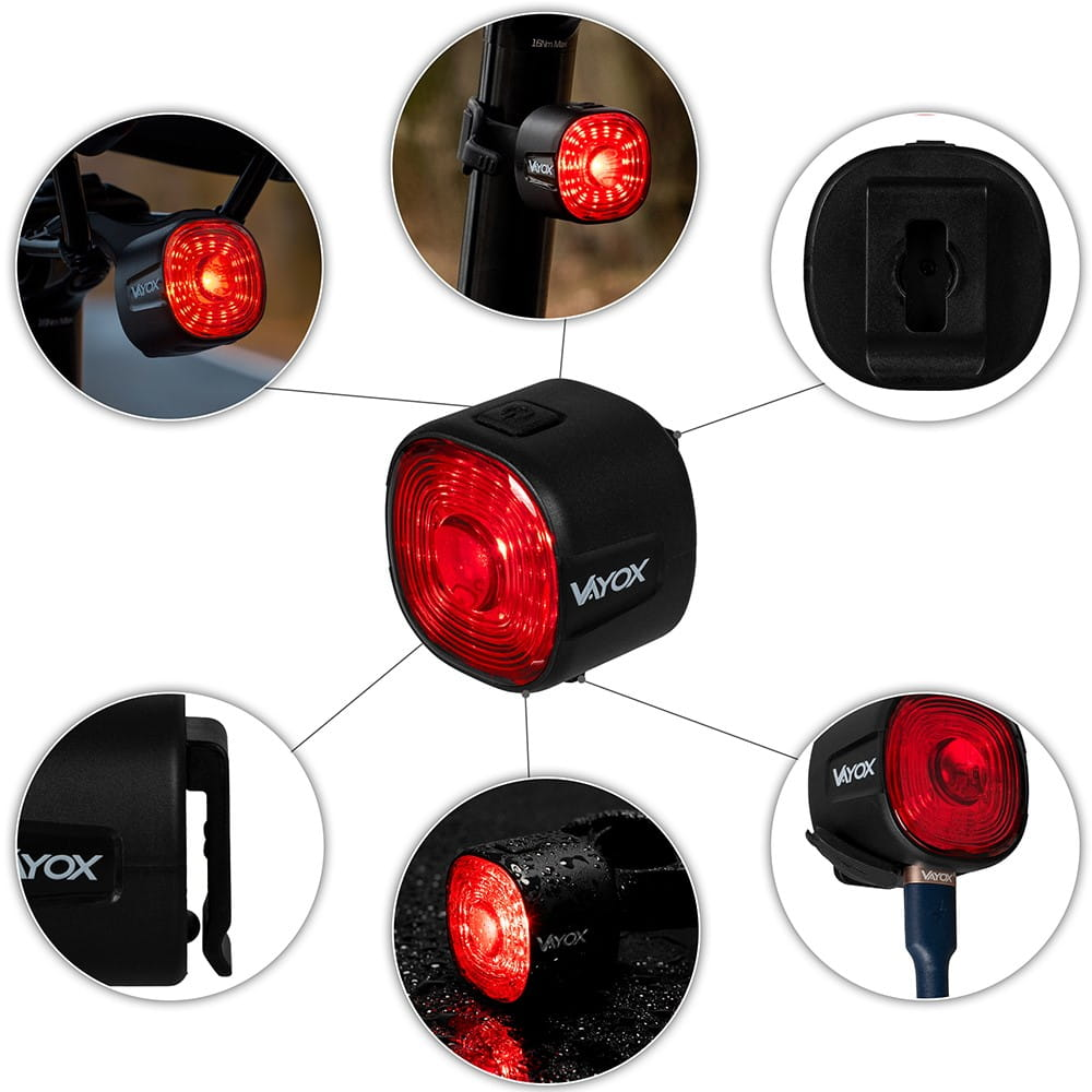 Światła rowerowe Vayox. Wiele widoków czerwonego światła na różnych częściach roweru.