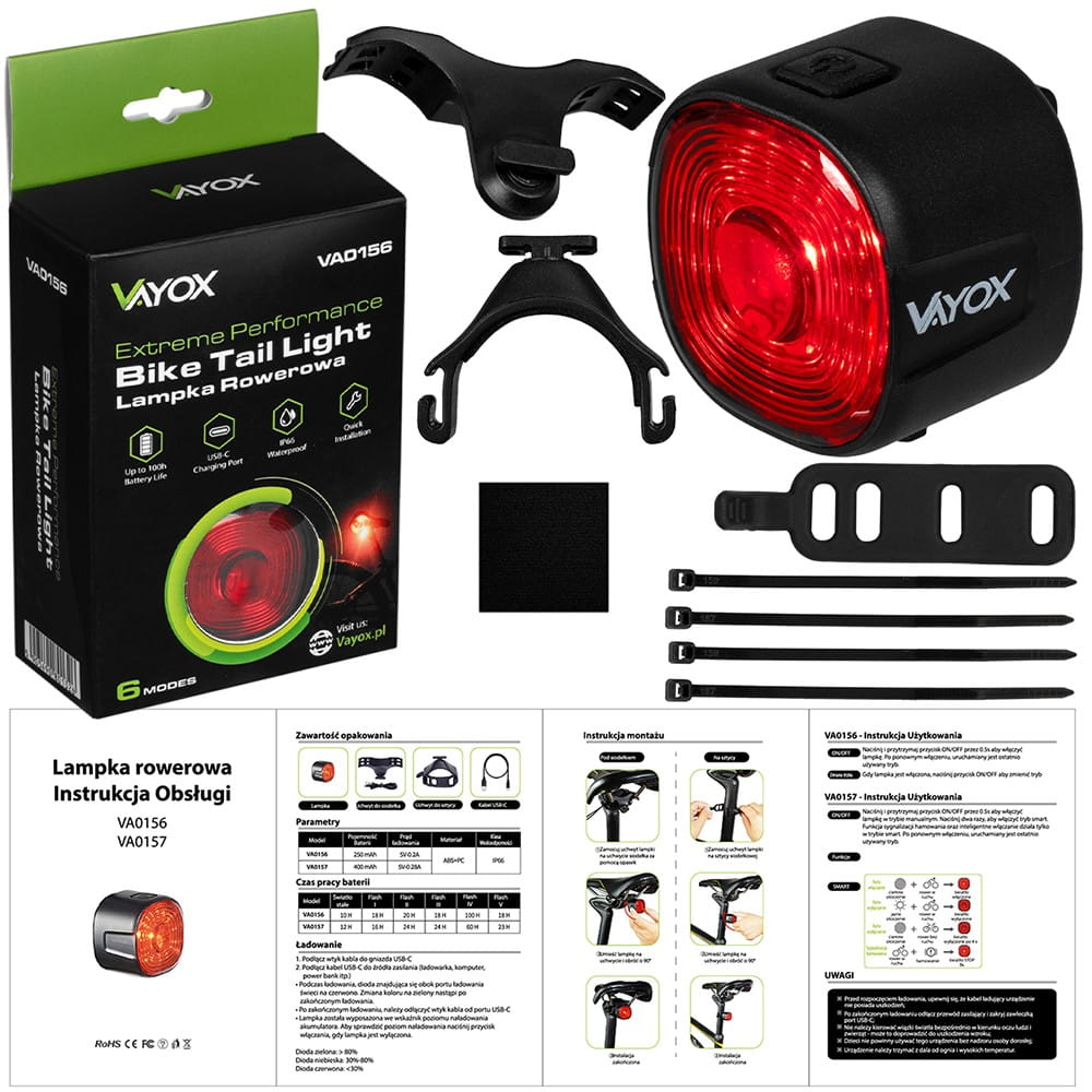 Zestaw tylnego światła rowerowego z pudełkiem, częściami i instrukcjami. Czerwone światło, czarne elementy i tekst.