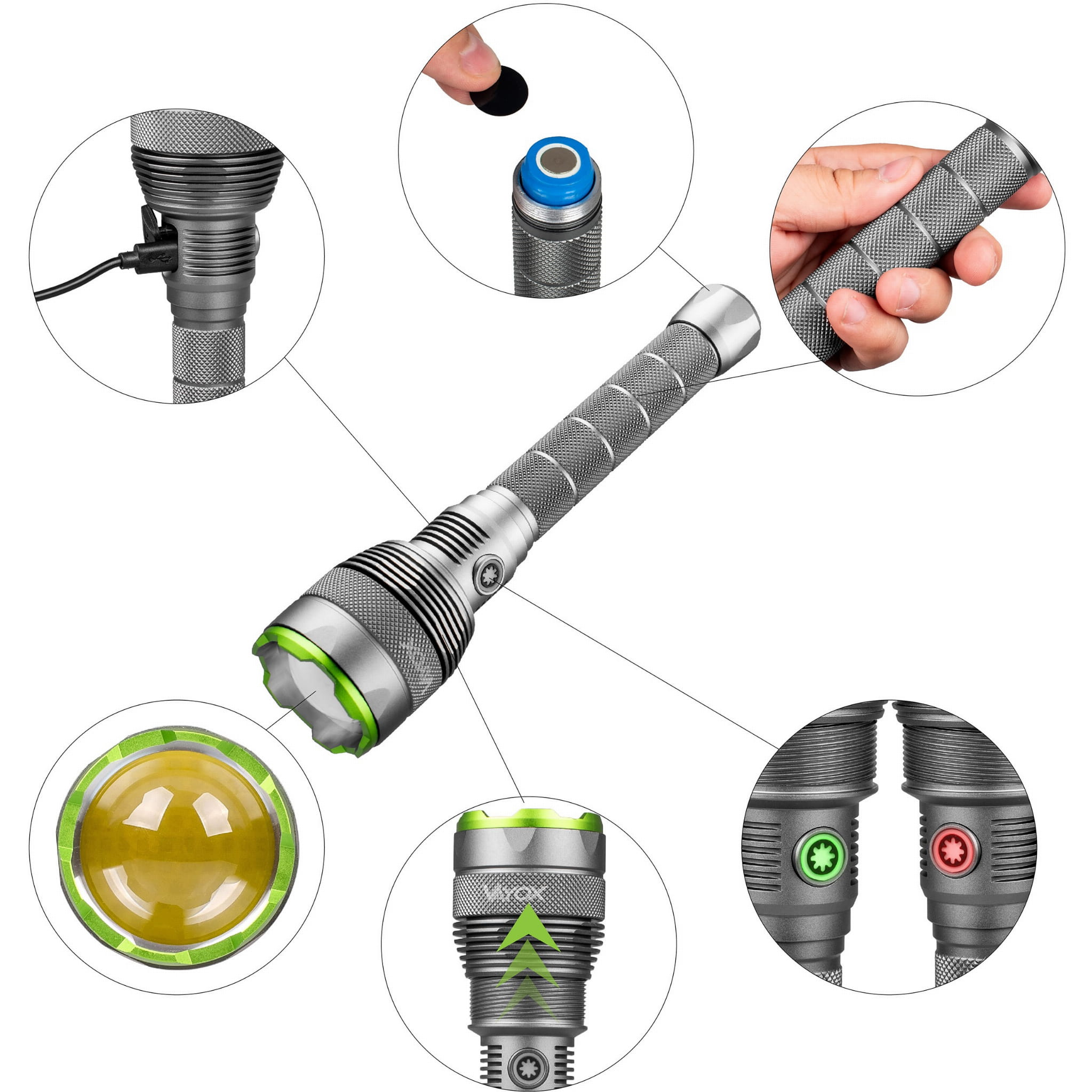 Latarka z pokazanymi elementami i szczegółami. Szara, czarna, zielone akcenty i tekst.