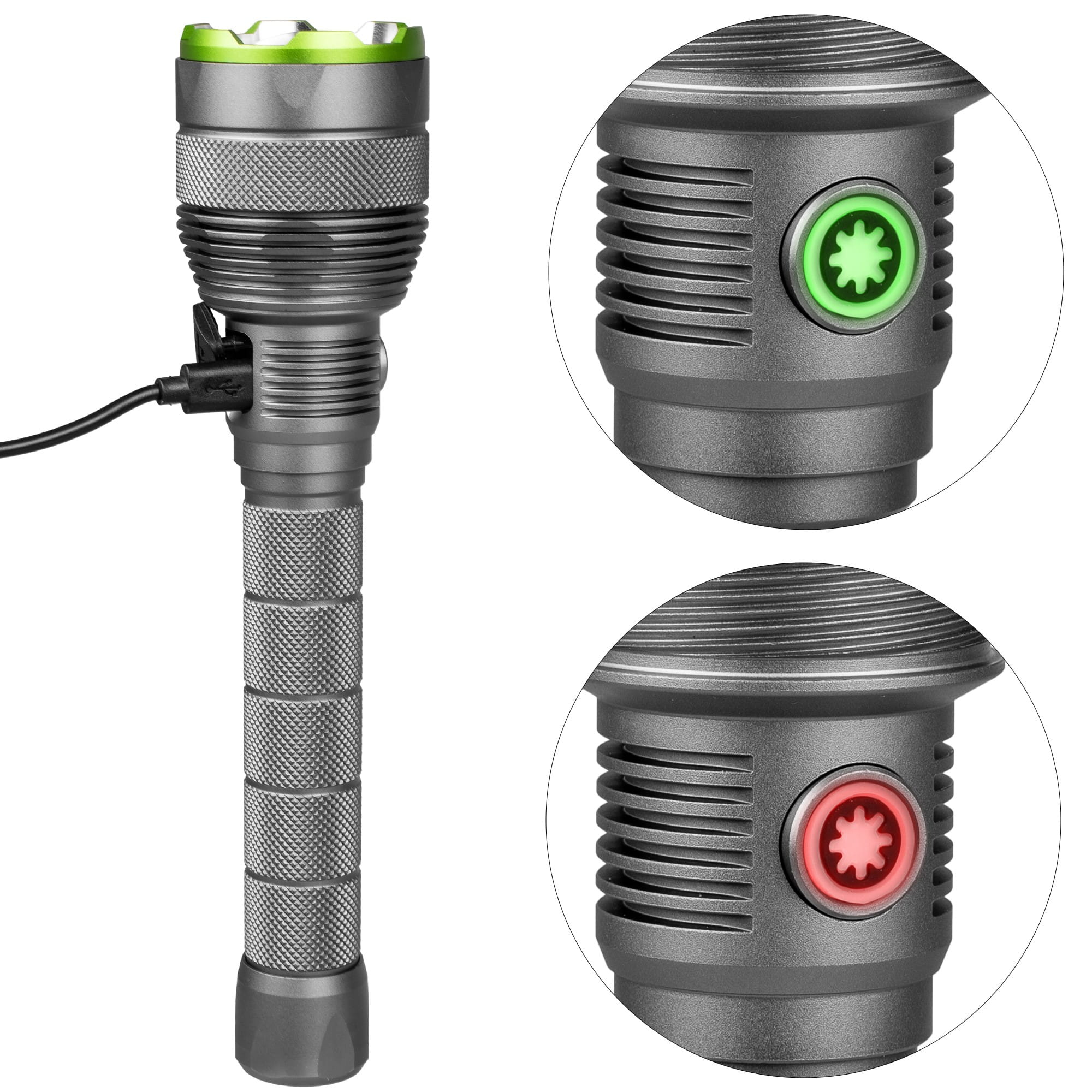 Szara latarka z zielonym i czerwonym przyciskiem zasilania, z portem ładowania.