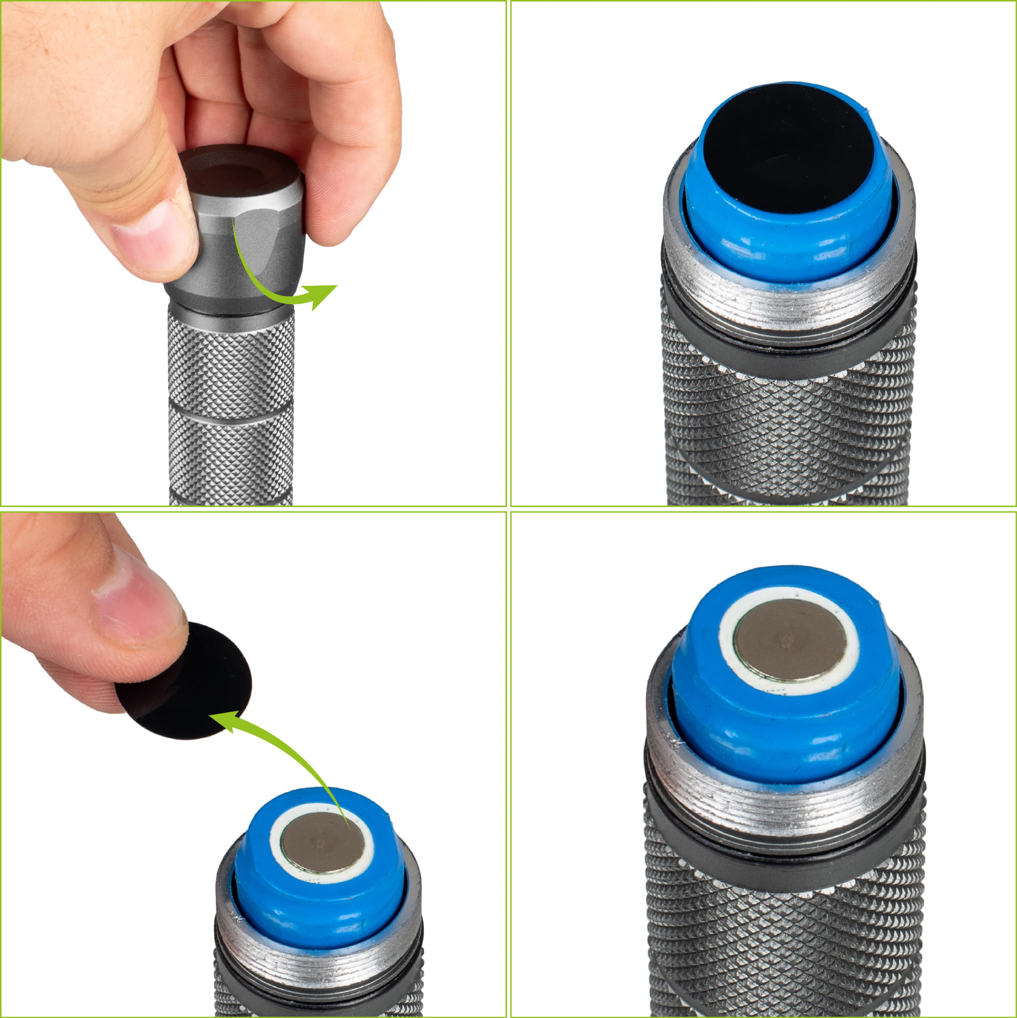 Cztery obrazy pokazujące, jak wymienić baterię w latarce. Zaangażowane są ręce.