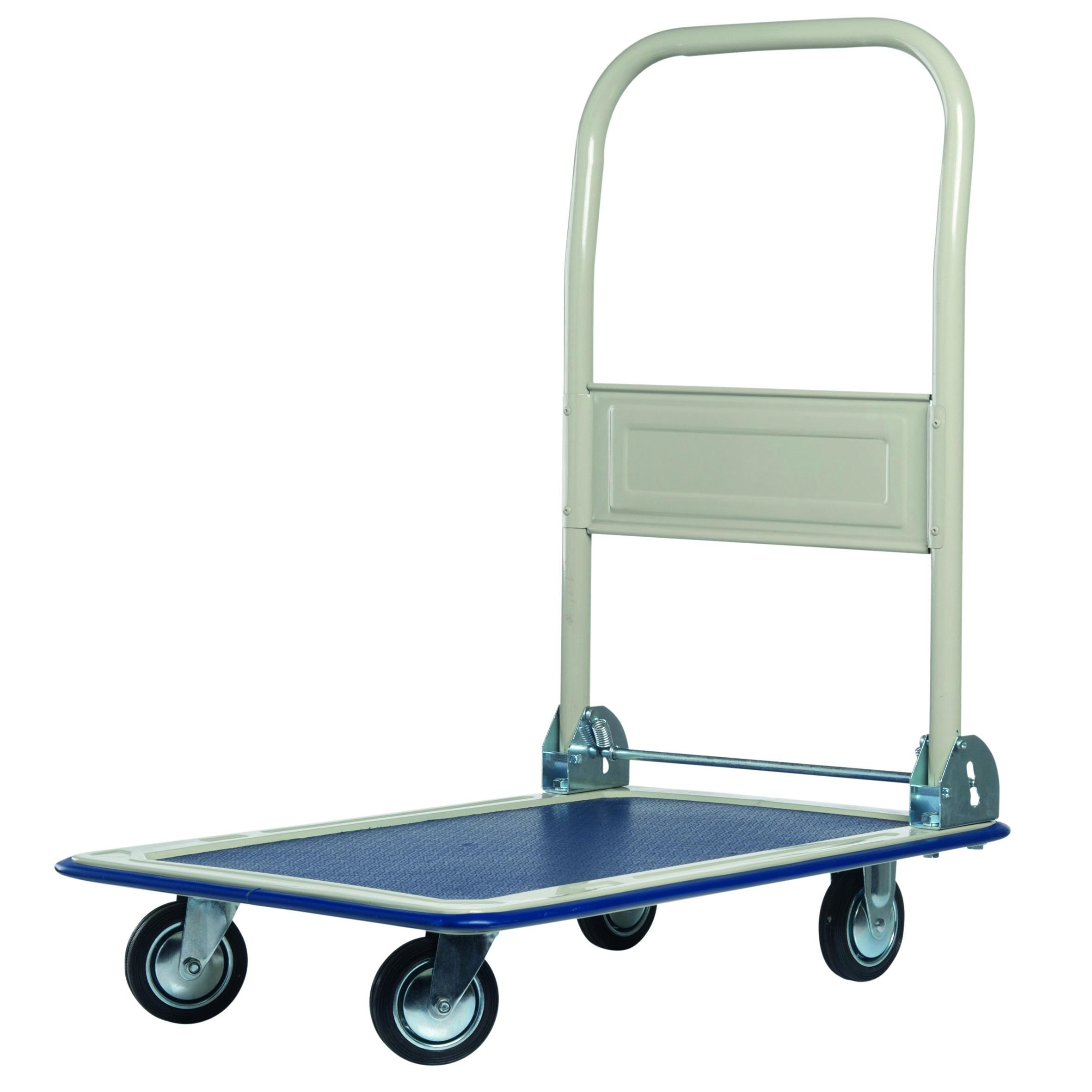 Hand cart, blue platform, beige frame. White background.