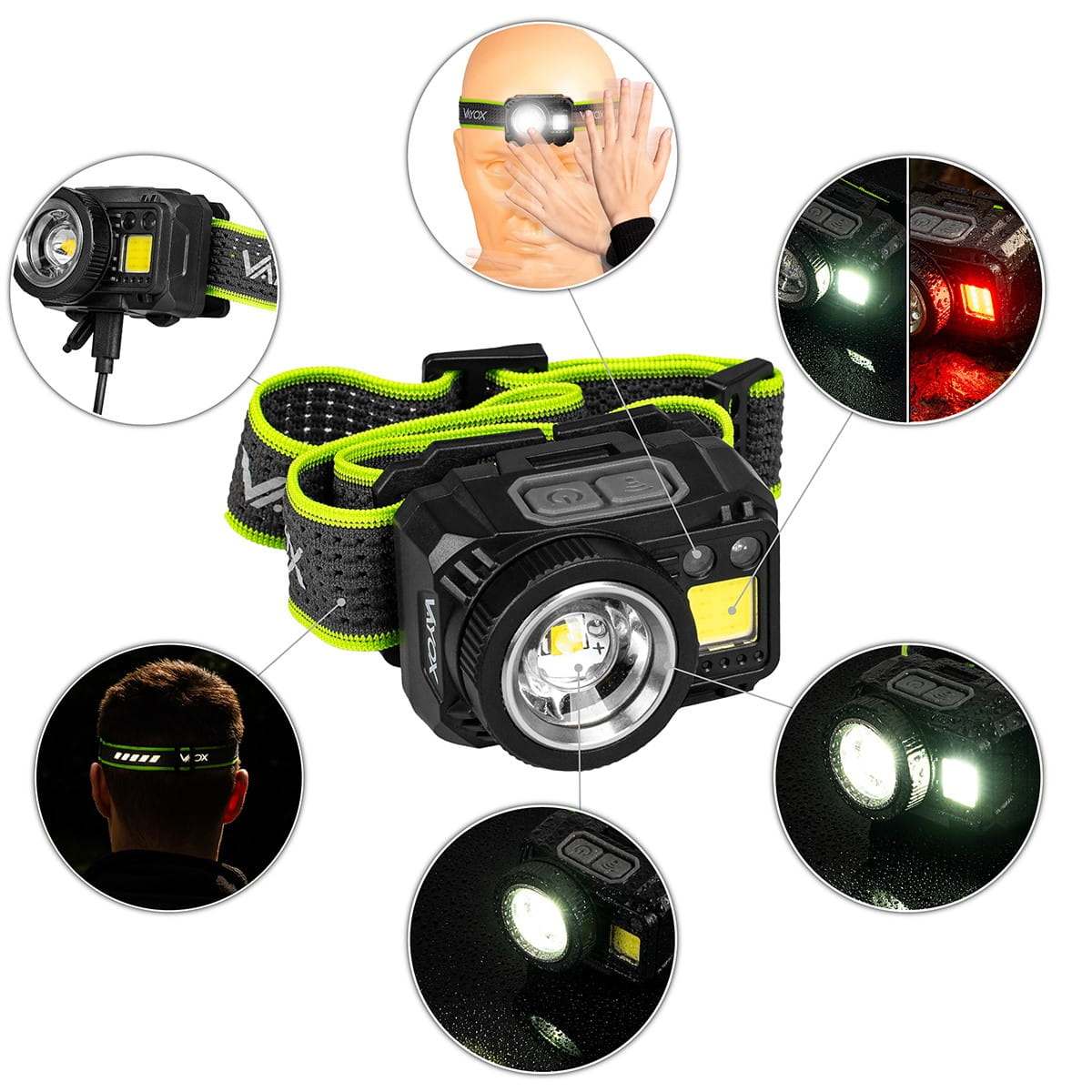 Latarka czołowa z wieloma konfiguracjami światła. Zawiera diagramy użytkowania i wariantów światła.