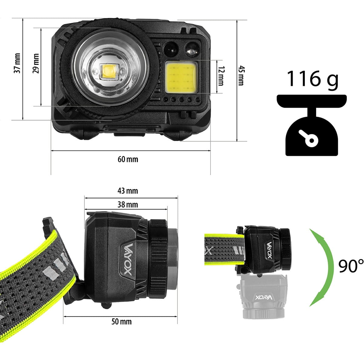 Zbliżenie reflektora pokazujące wymiary i wagę. Ma światło i przycisk.