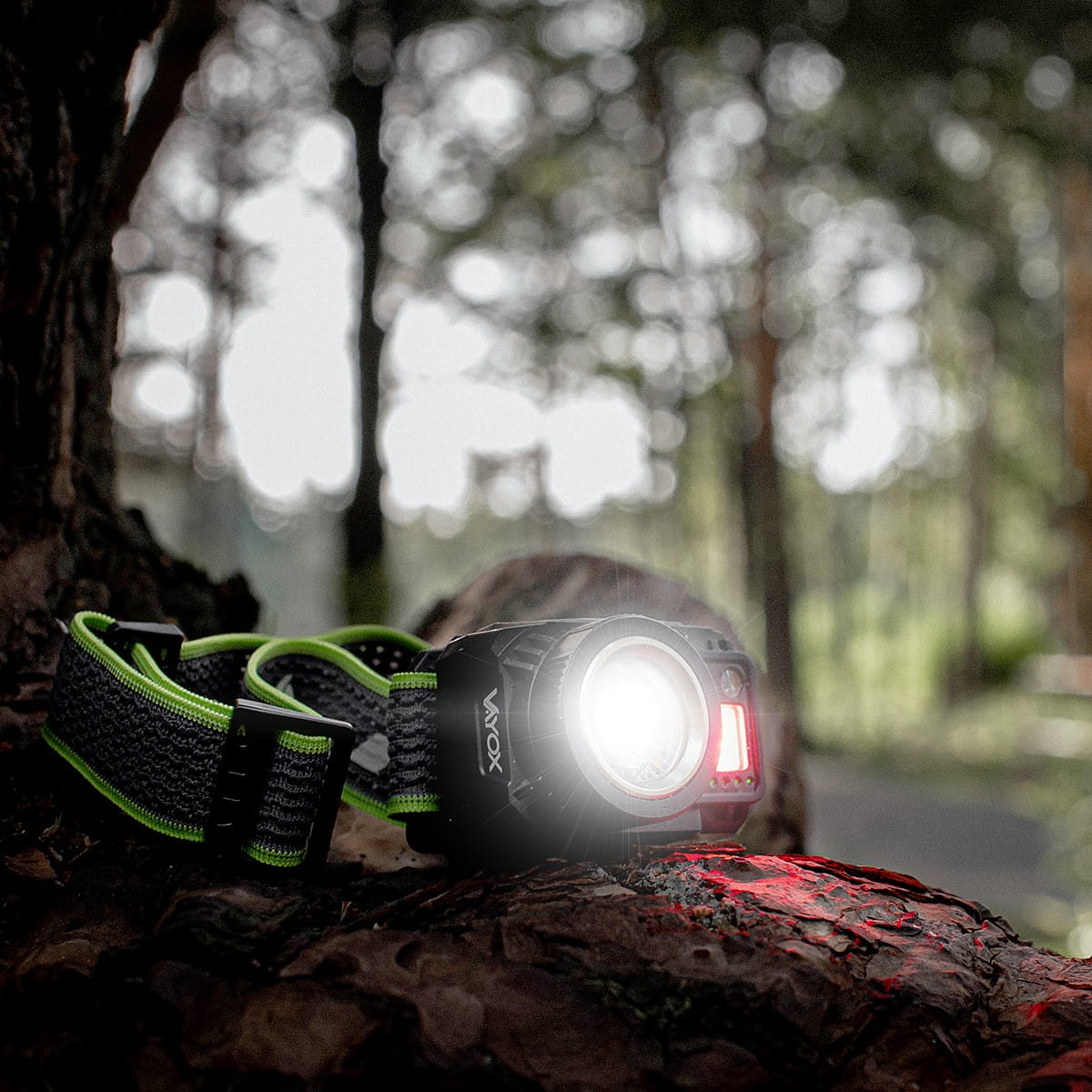 Lampa czołowa na drzewie w lesie. Światło świeci jasno czerwonym światłem.