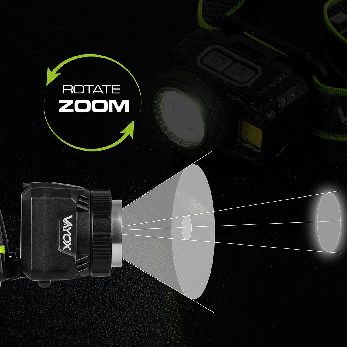 Lampa czołowa z opcją obracania i powiększania. Emitowana jest wiązka światła.