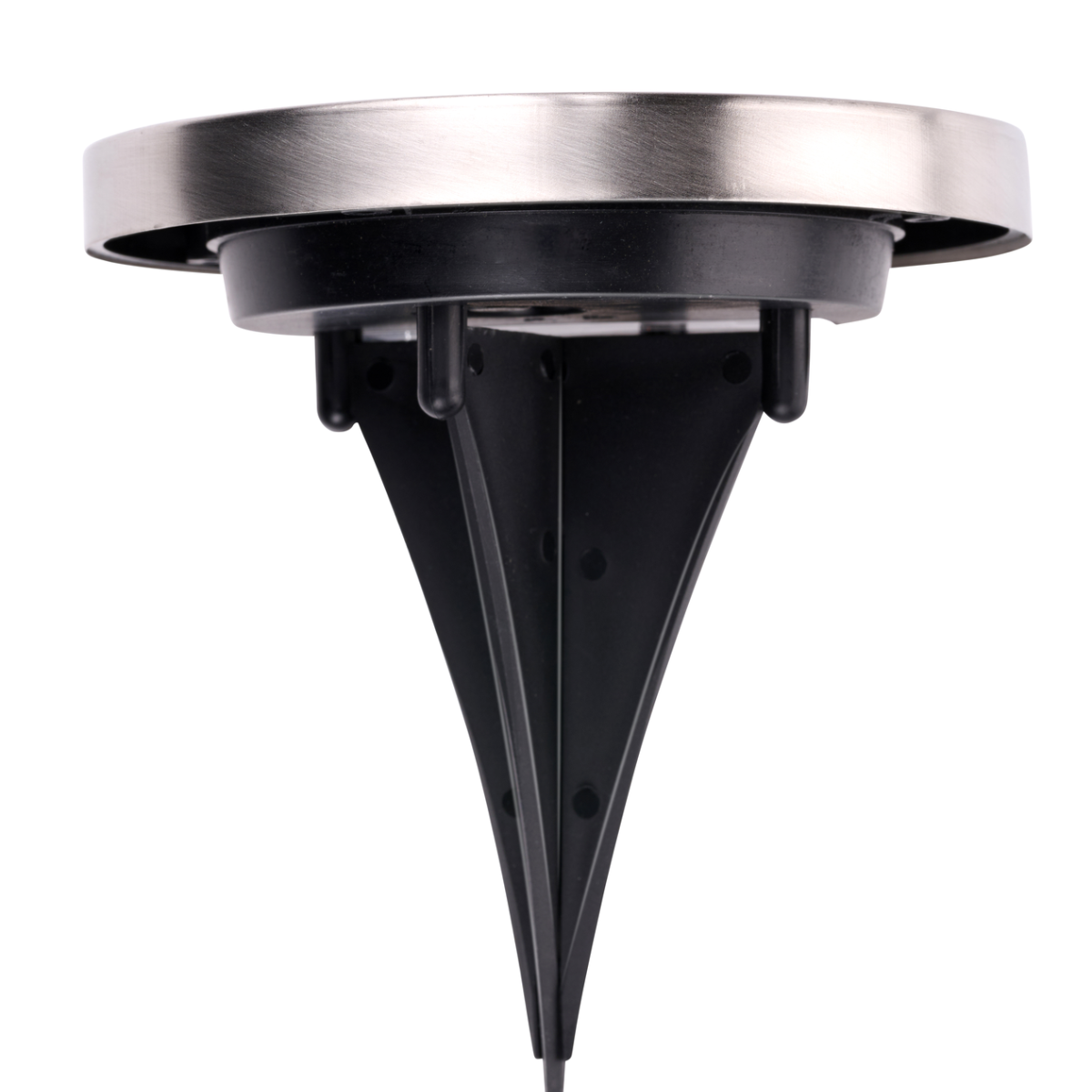 Black and silver ground light with a pointed base. It has a round top.