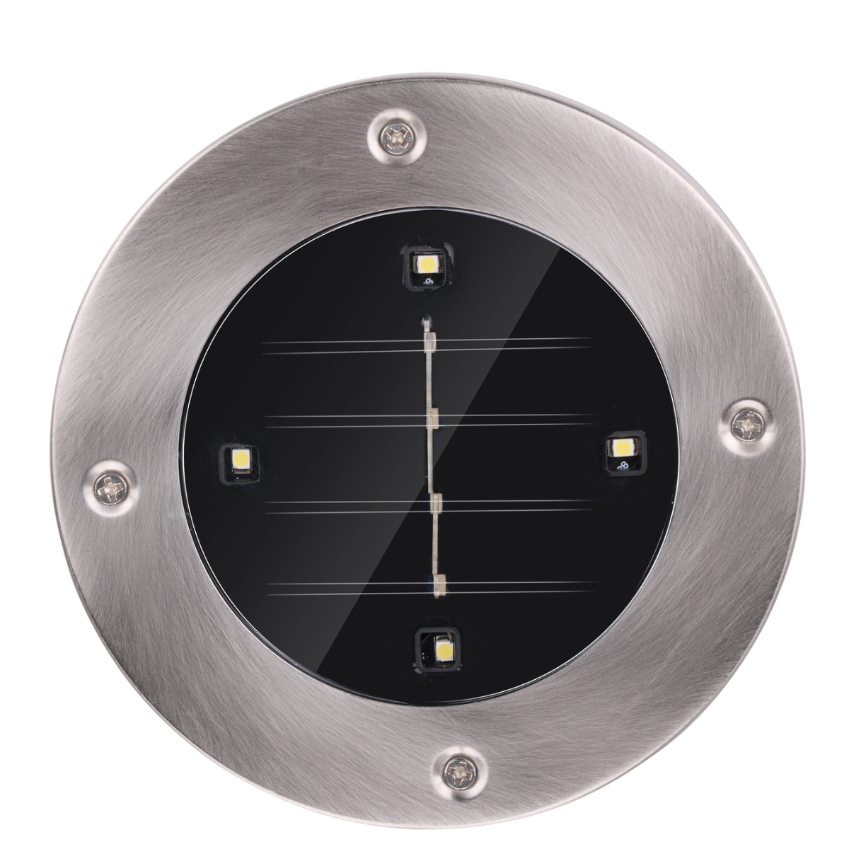 A solar ground light with a silver rim and black center. Four small lights are visible.