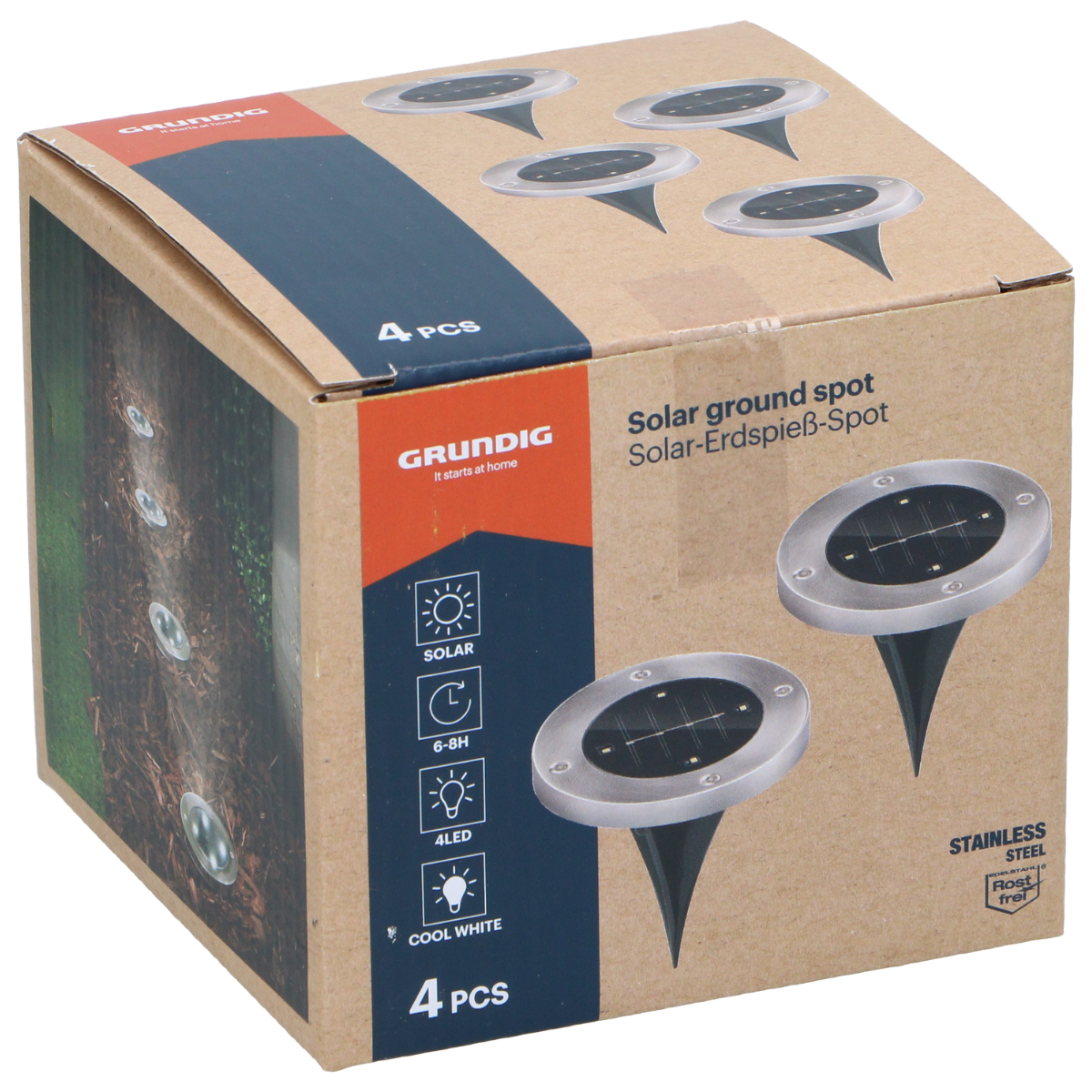 Box of solar ground lights. The box shows the lights and features like cool white and solar.