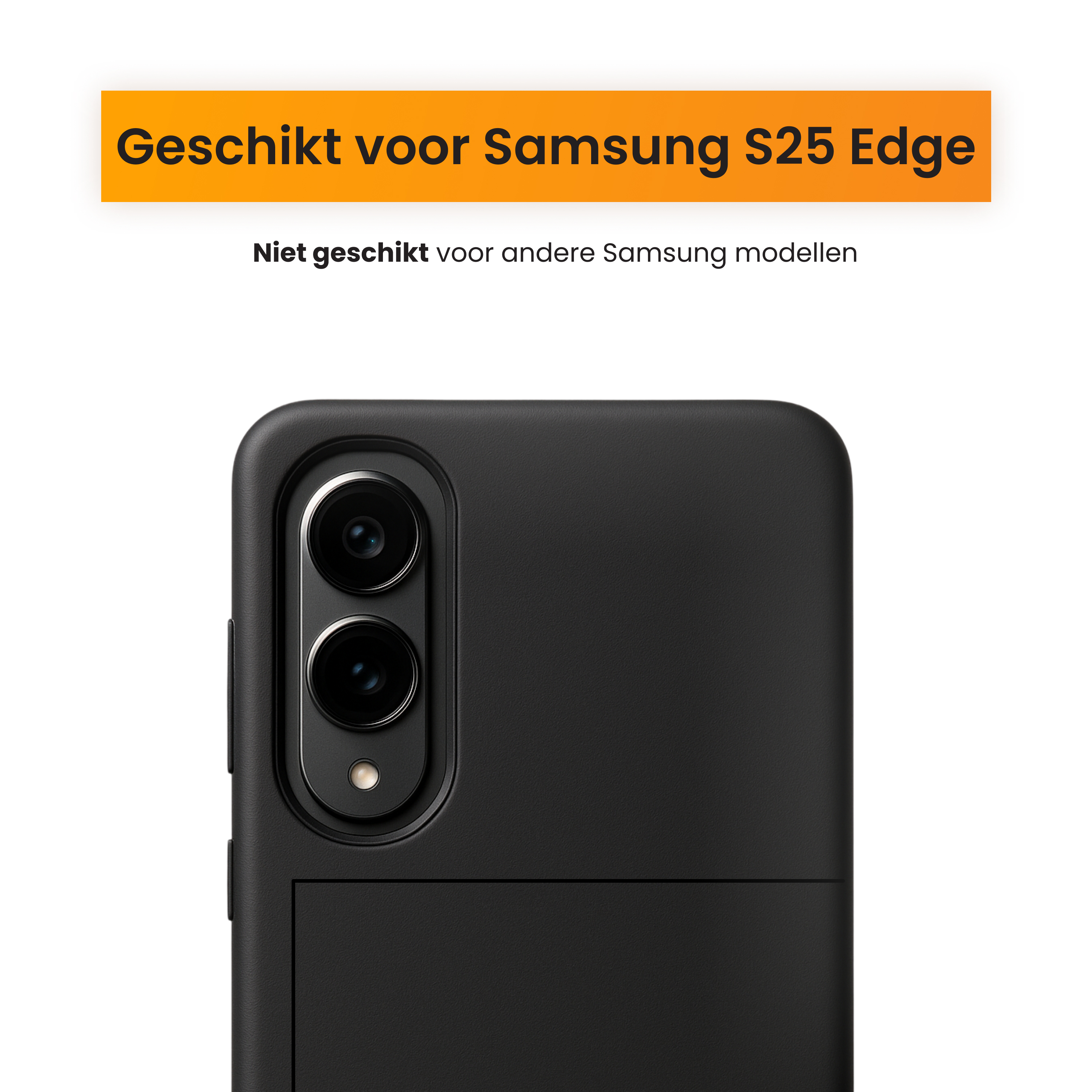 Close-up van een zwarte telefoonhoes met twee cameralenzen en een zwarte tekstbalk op witte achtergrond.