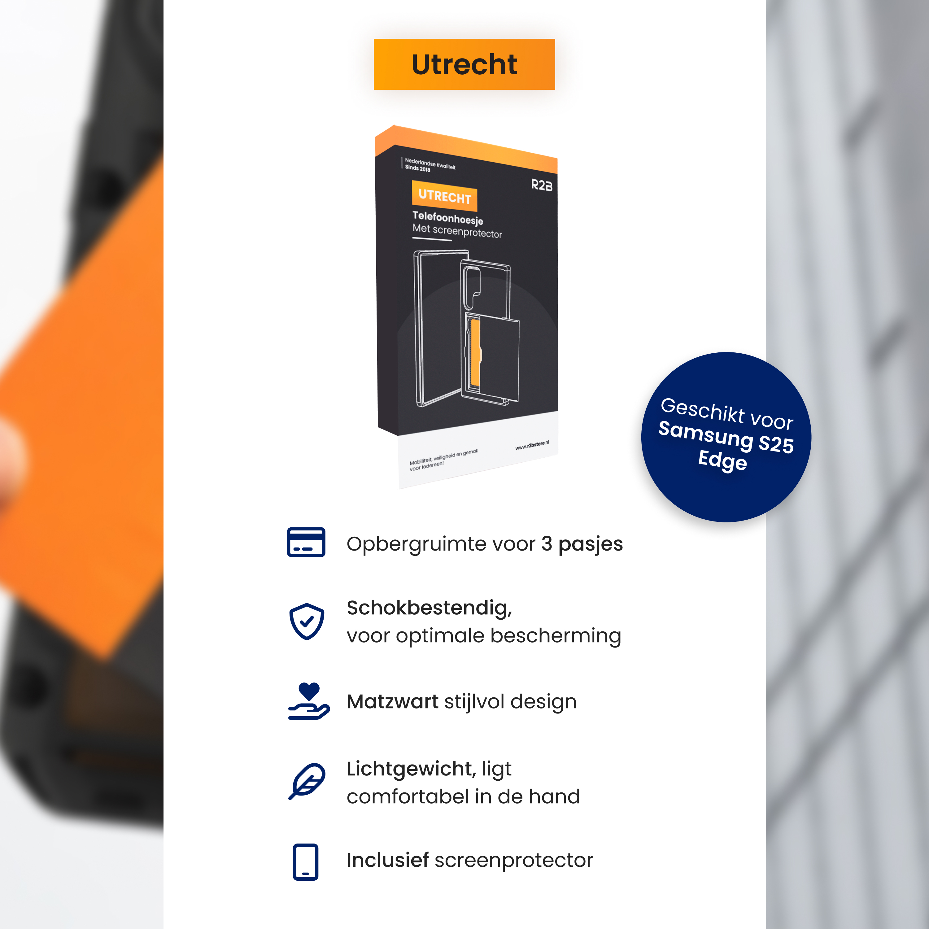 Doos met telefoonhoesje, tekst en iconen. Tekst zegt: Utrecht, telefoonhoesje, geschikt voor Samsung S25 Edge.