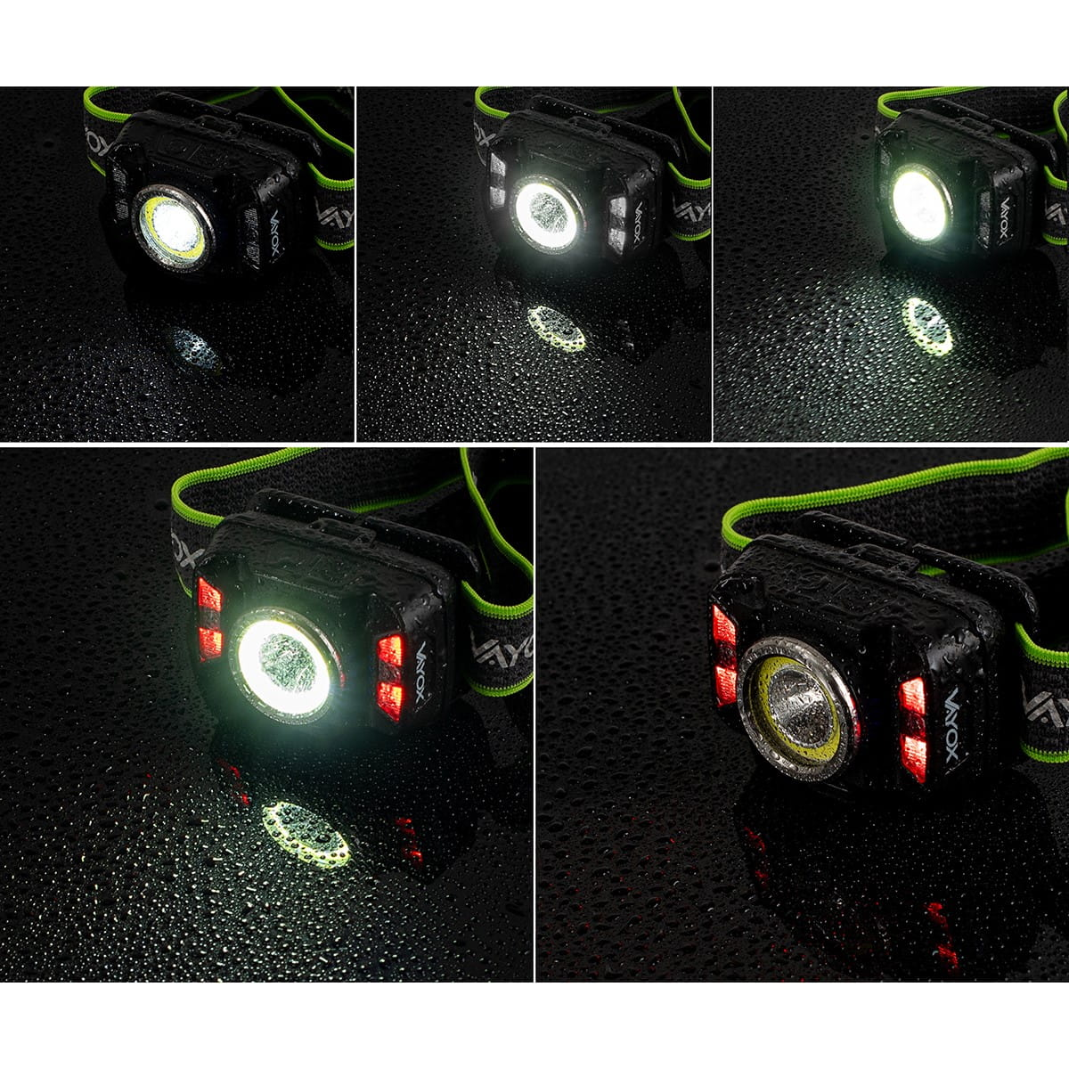 Zestaw latarek czołowych pokazujących różne ustawienia światła. Czarne i zielone paski.