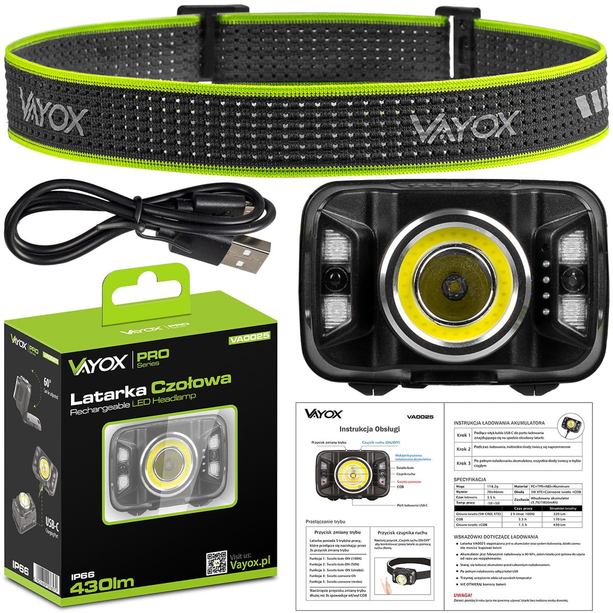 Latarka czołowa, pudełko i instrukcje. Latarka czołowa ma zielono-czarny pasek.